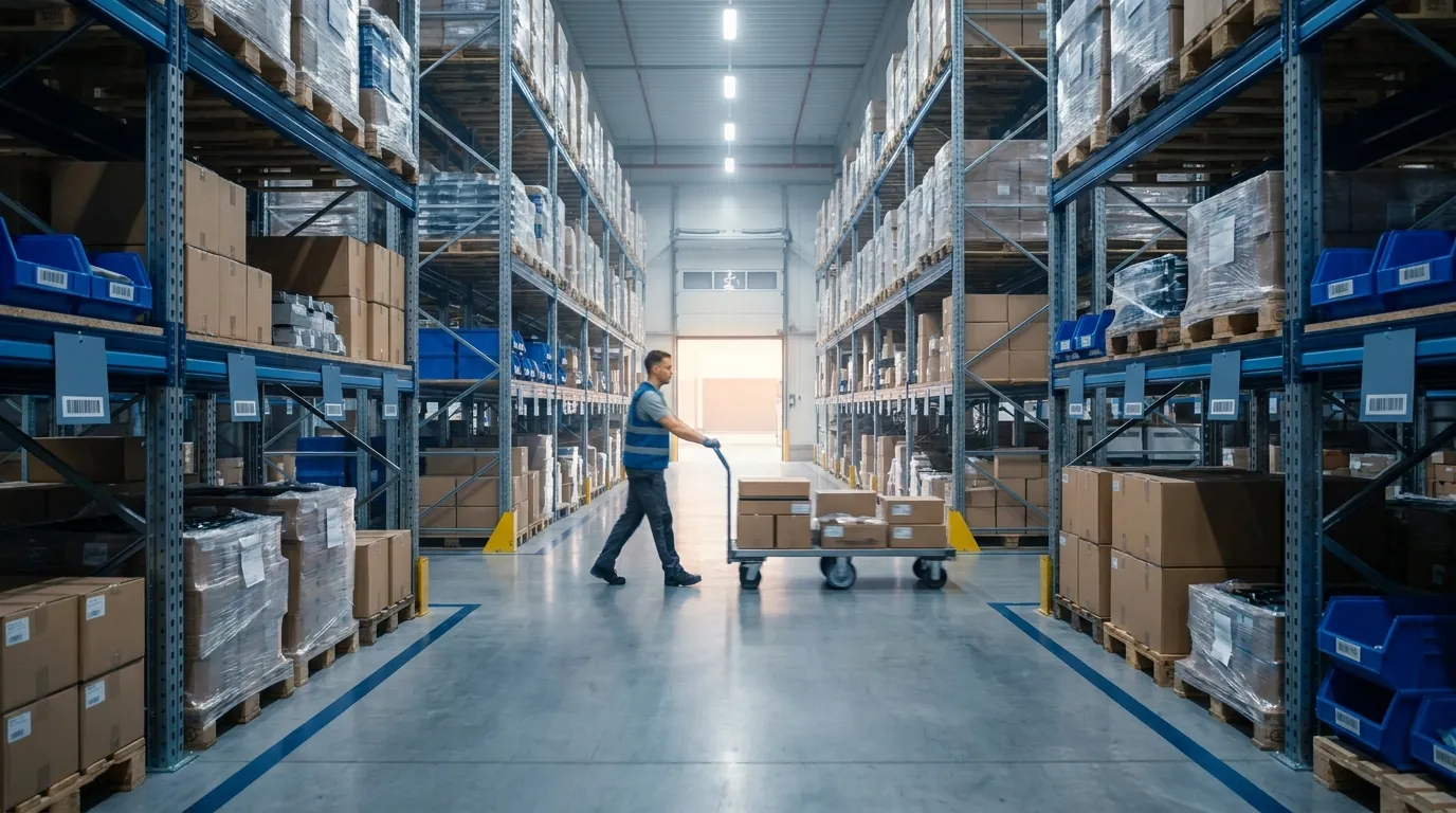 Organized warehouse aisle supporting real time systems, manufacturing processes