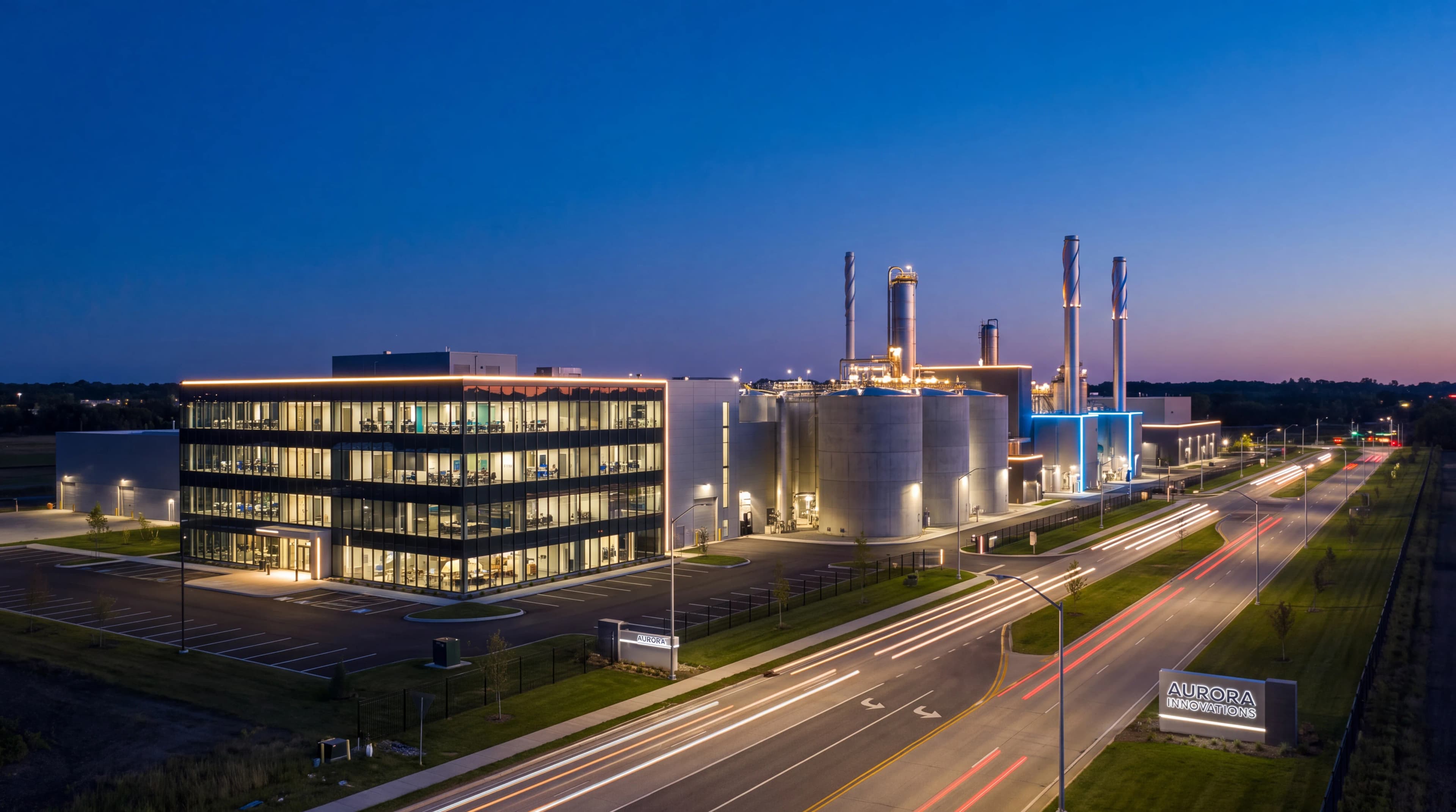 Large industrial cement manufacturing plant with tall concrete silos and processing equipment at dusk