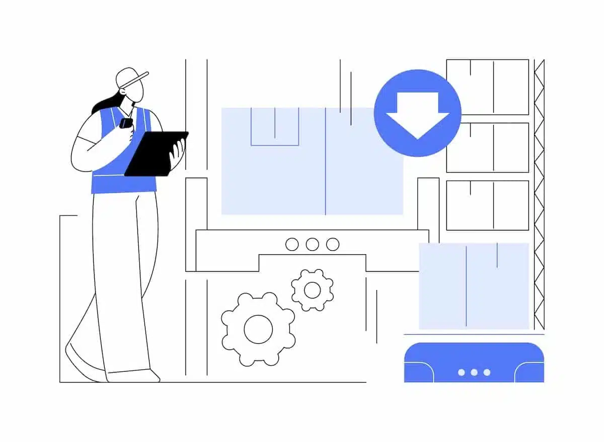warehouse worker looking at boxes on a shelf showing a settings icon
