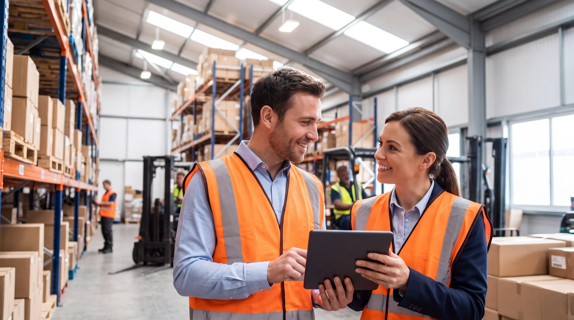 Business professionals in hard hats shaking hands in warehouse distribution center