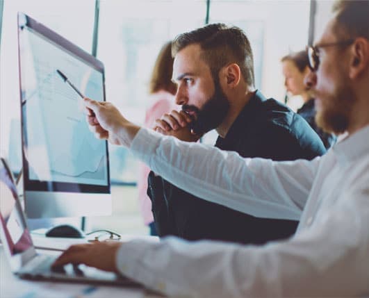 Professional accounting analysts reviewing financial data on computer monitors in modern office