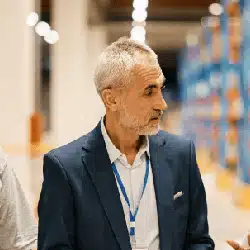 Professional businessman with gray beard wearing navy blazer at business conference