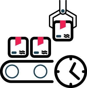 boxes being moved by a conveyor belt next to a clock icon