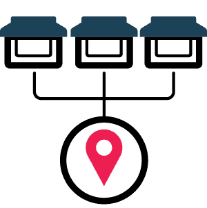 3 shops connected with a location icon