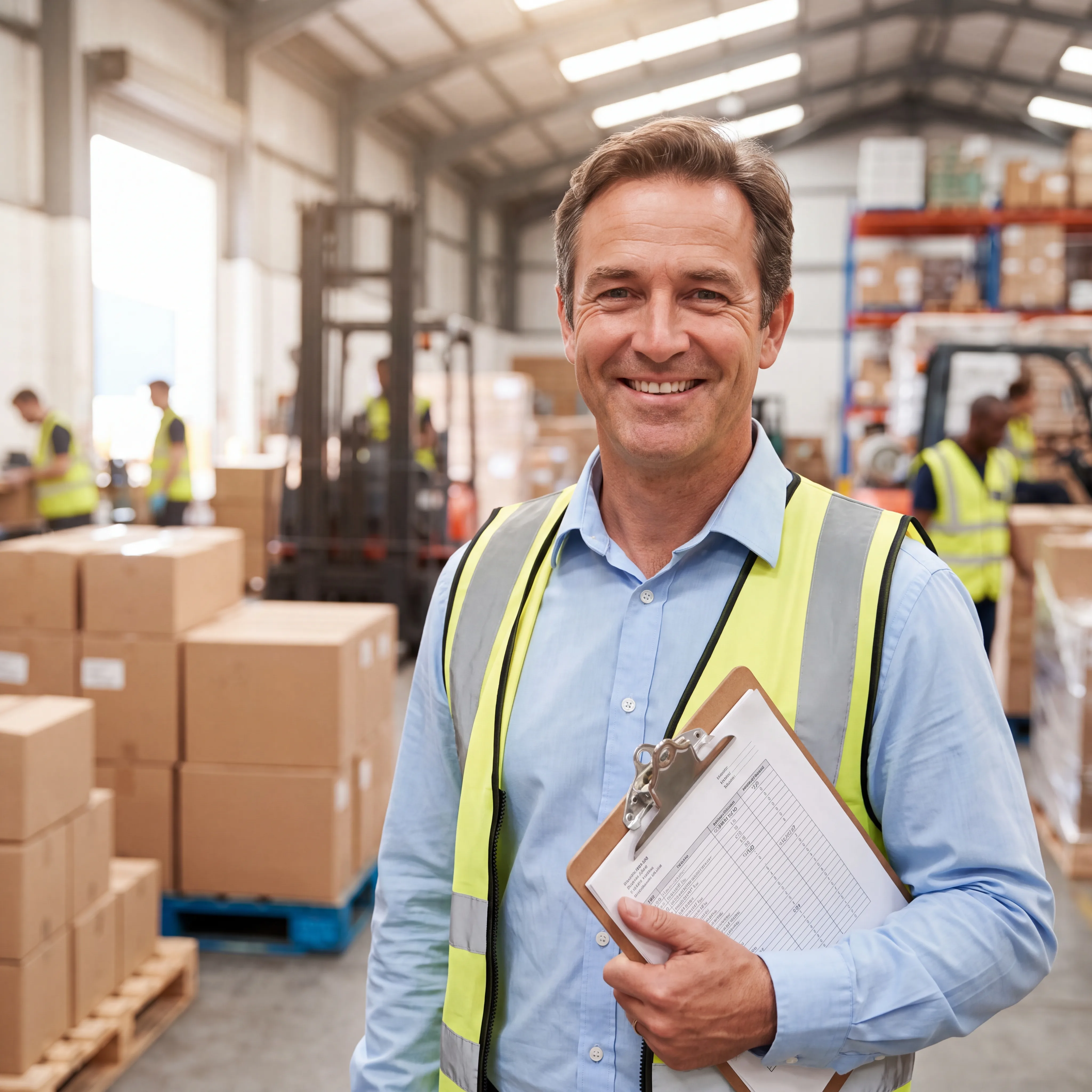 Smiling warehouse manager holding clipboard and documents in industrial storage facility