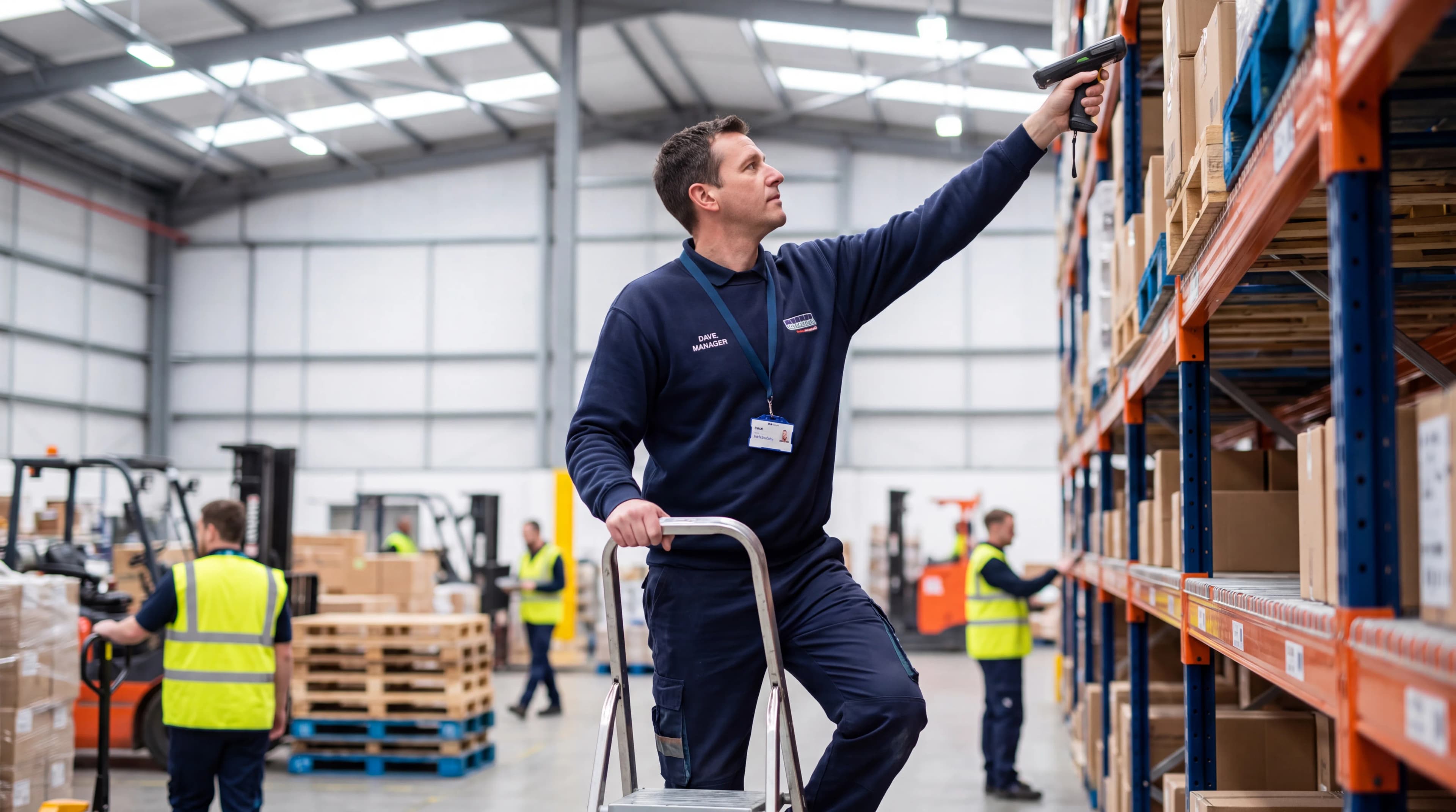 Man in navy shirt reaching up to select items from warehouse shelves