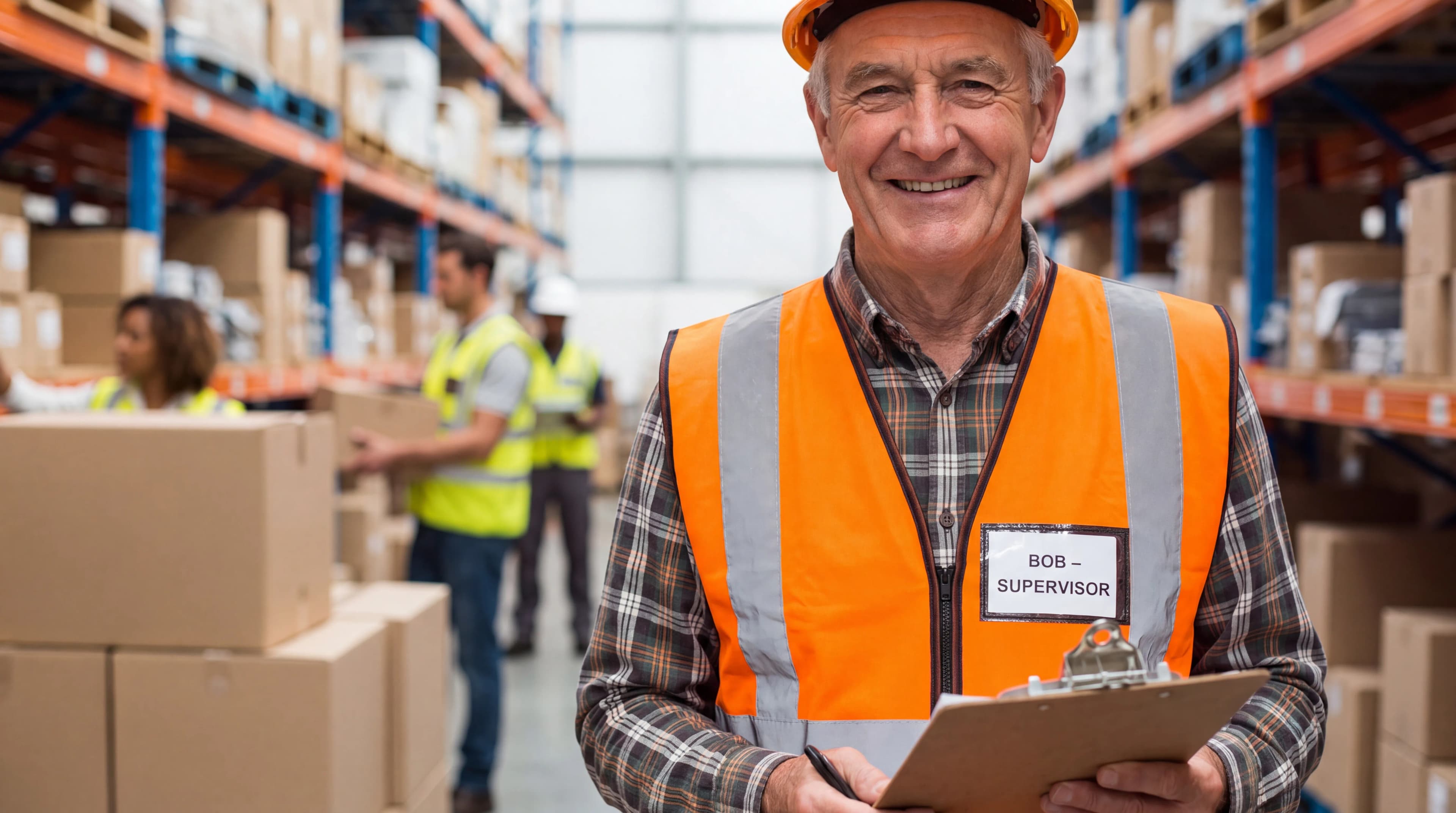 Professional businessman in high-visibility vest smiling in warehouse setting