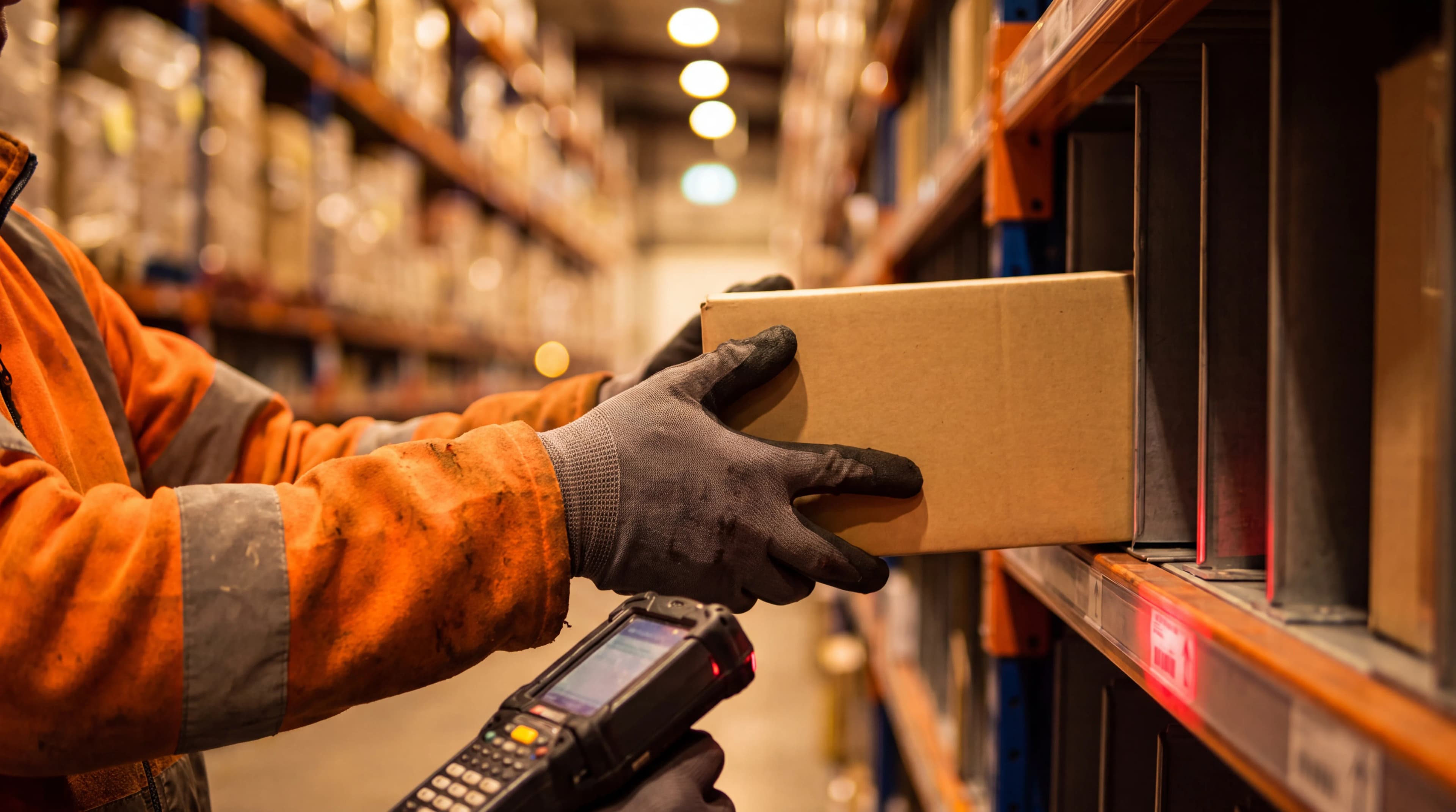 warehouse worker scanning a barcode on a box with an RF scanner