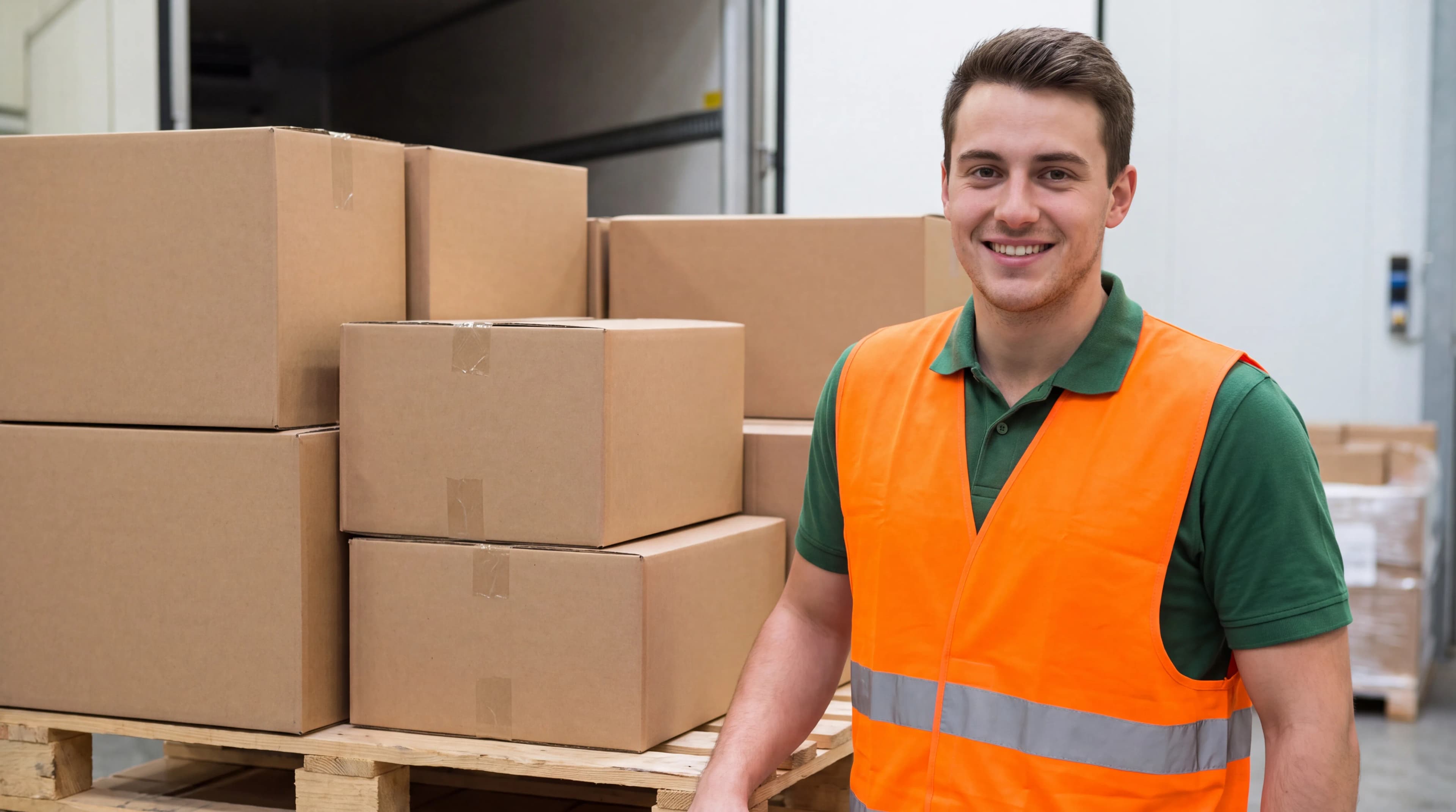 Smiling worker in green shirt and orange safety vest at warehouse with product boxes