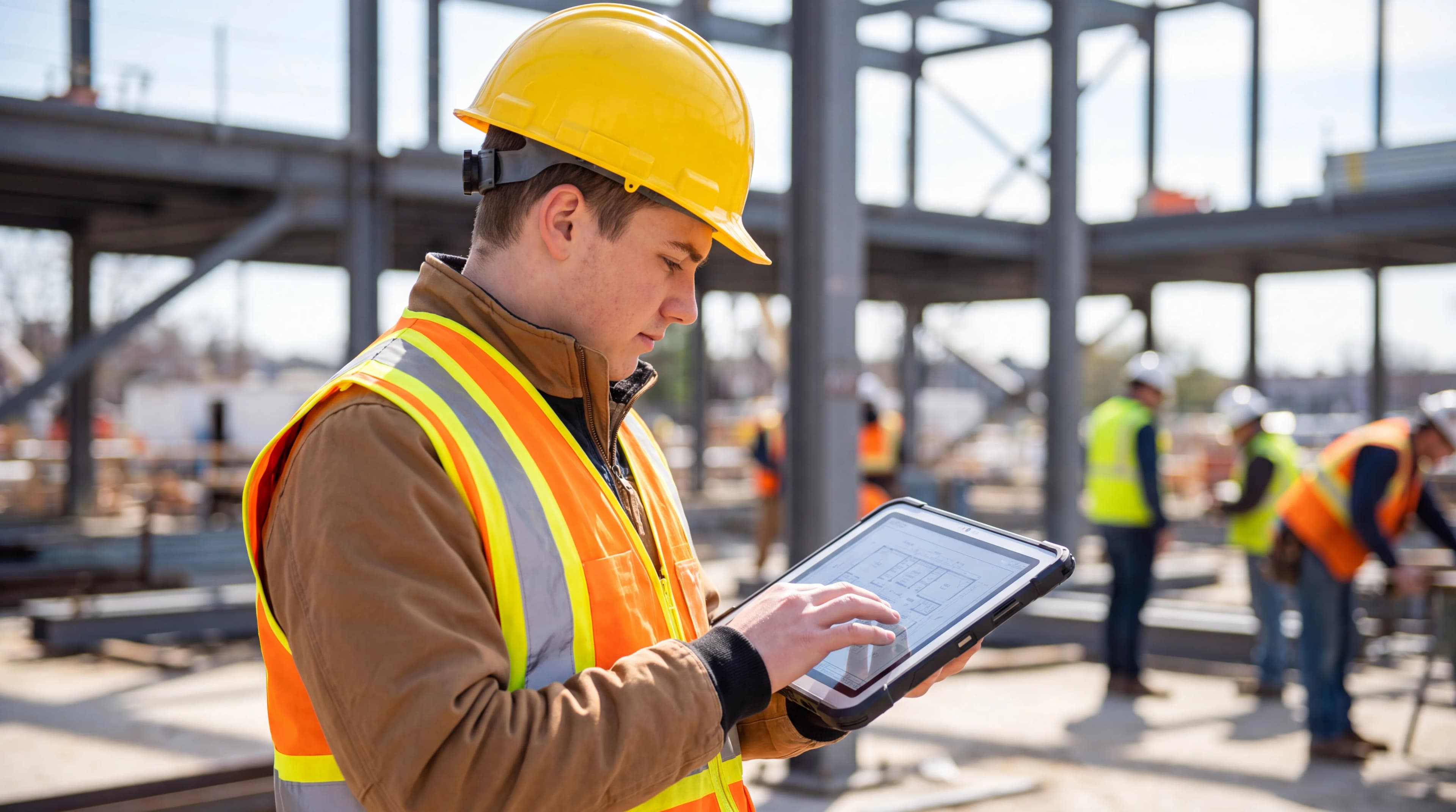 Warehouse worker in yellow safety vest and hard hat checking inventory