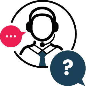 customer support person on the phone with a message bubble and a question mark icon