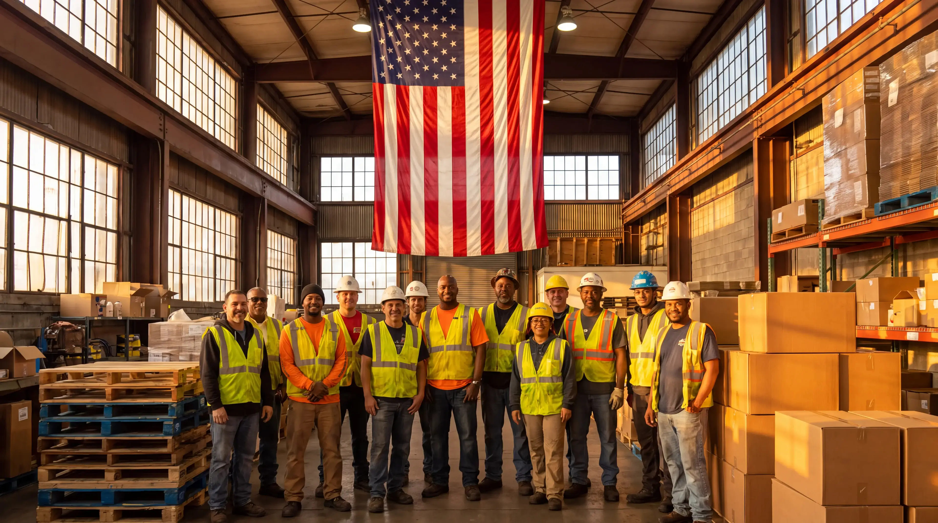 American flag banner with red and white stripes and blue star field
