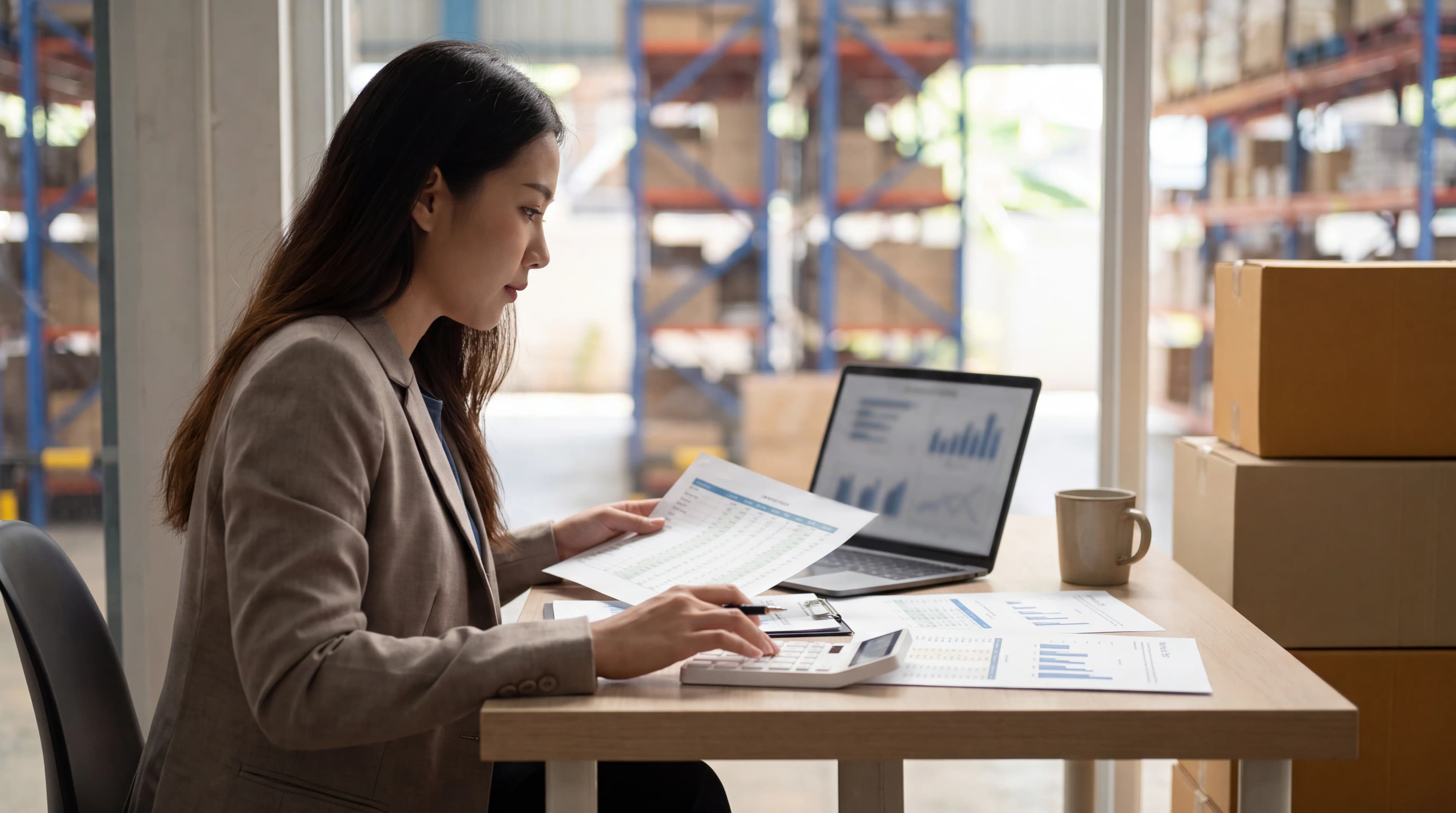 Businesswoman calculating warehouse operating costs with calculator, documents and laptop at desk