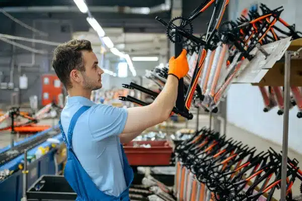 Factory worker assembling bicycles on production line in manufacturing facility