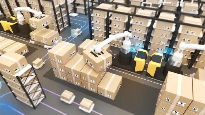 Automated warehouse with robotic systems organizing cardboard packages on conveyor belts