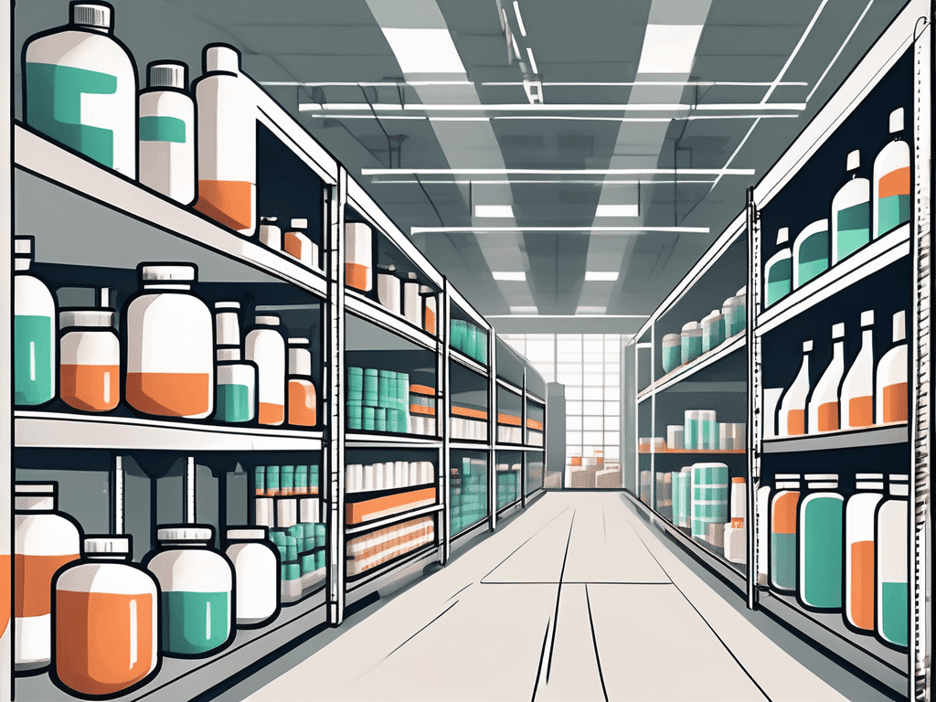 A pharmaceutical warehouse with shelves filled with medicine bottles and boxes