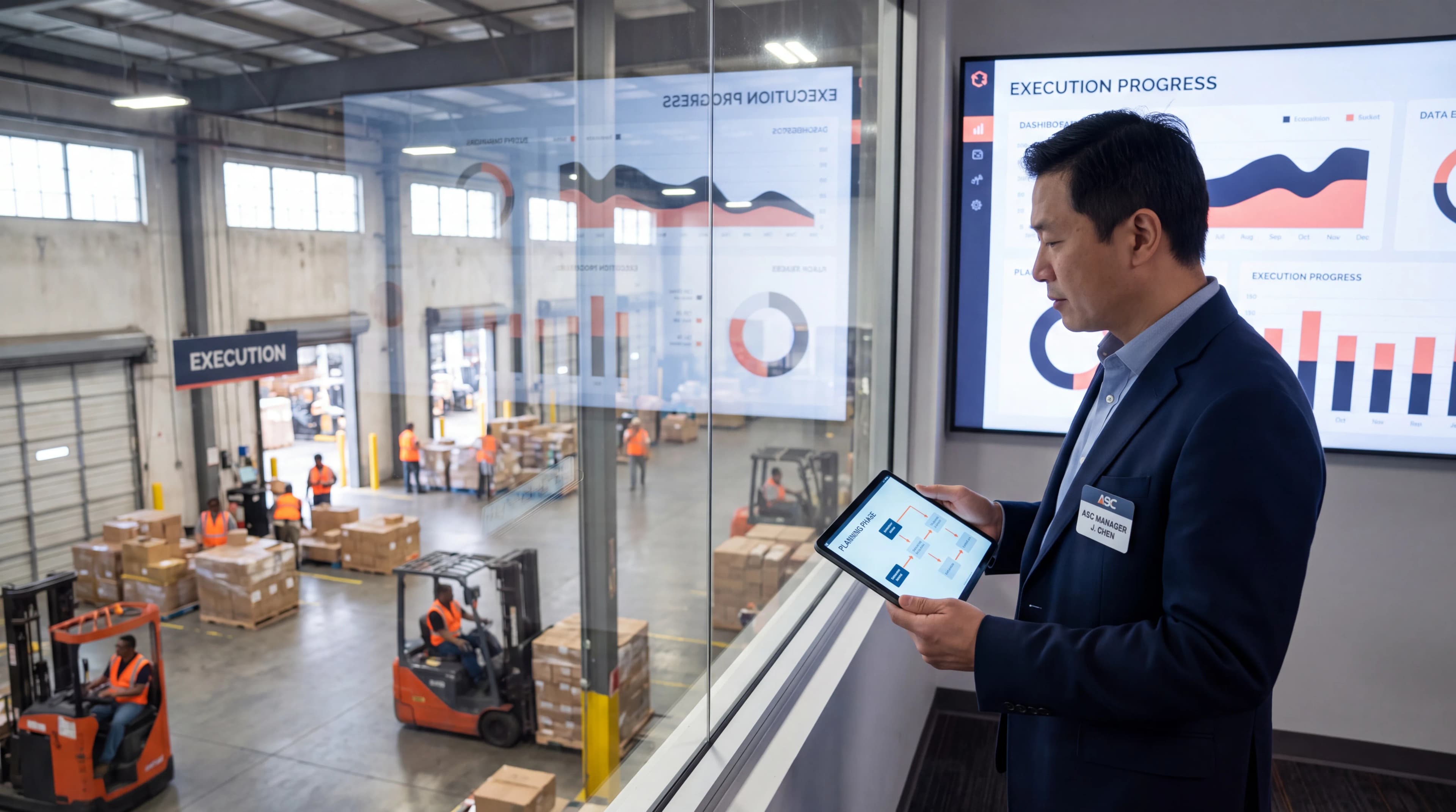 Mature businessman holding clipboard in warehouse with shipping boxes and logistics operations