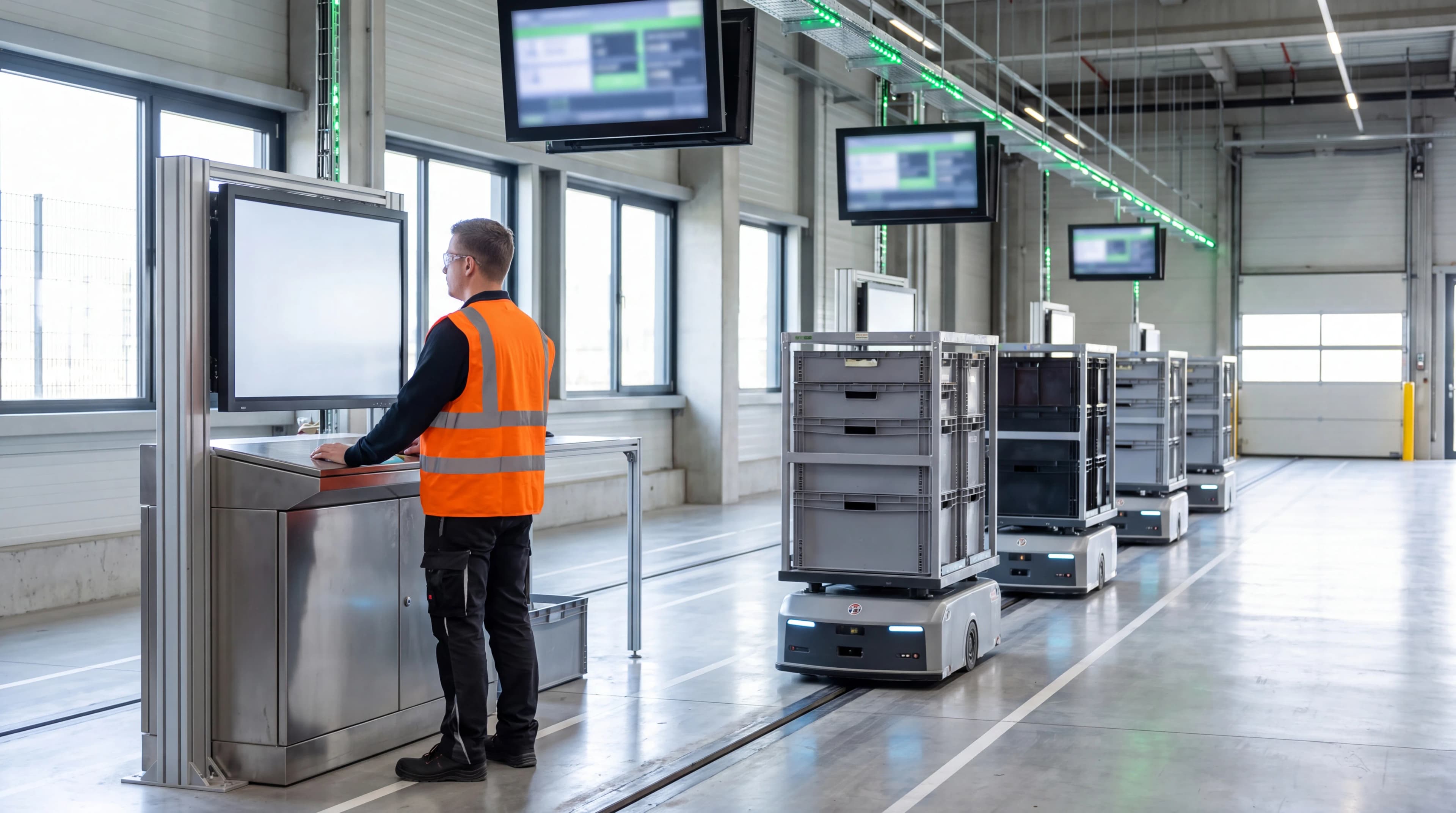 Automated warehouse with robotic systems organizing cardboard packages on conveyor belts