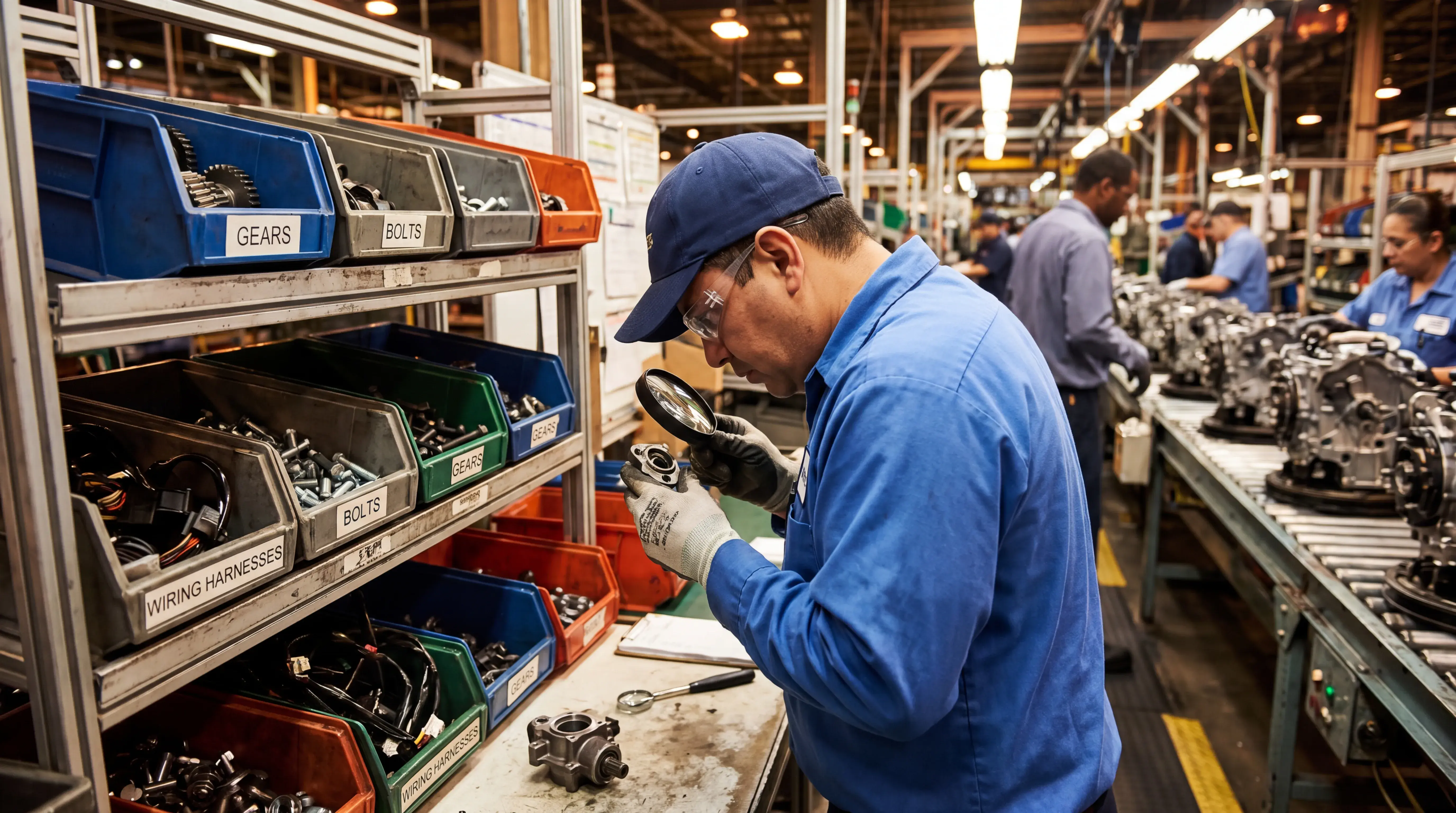 Factory worker assembling bicycles on production line in manufacturing facility