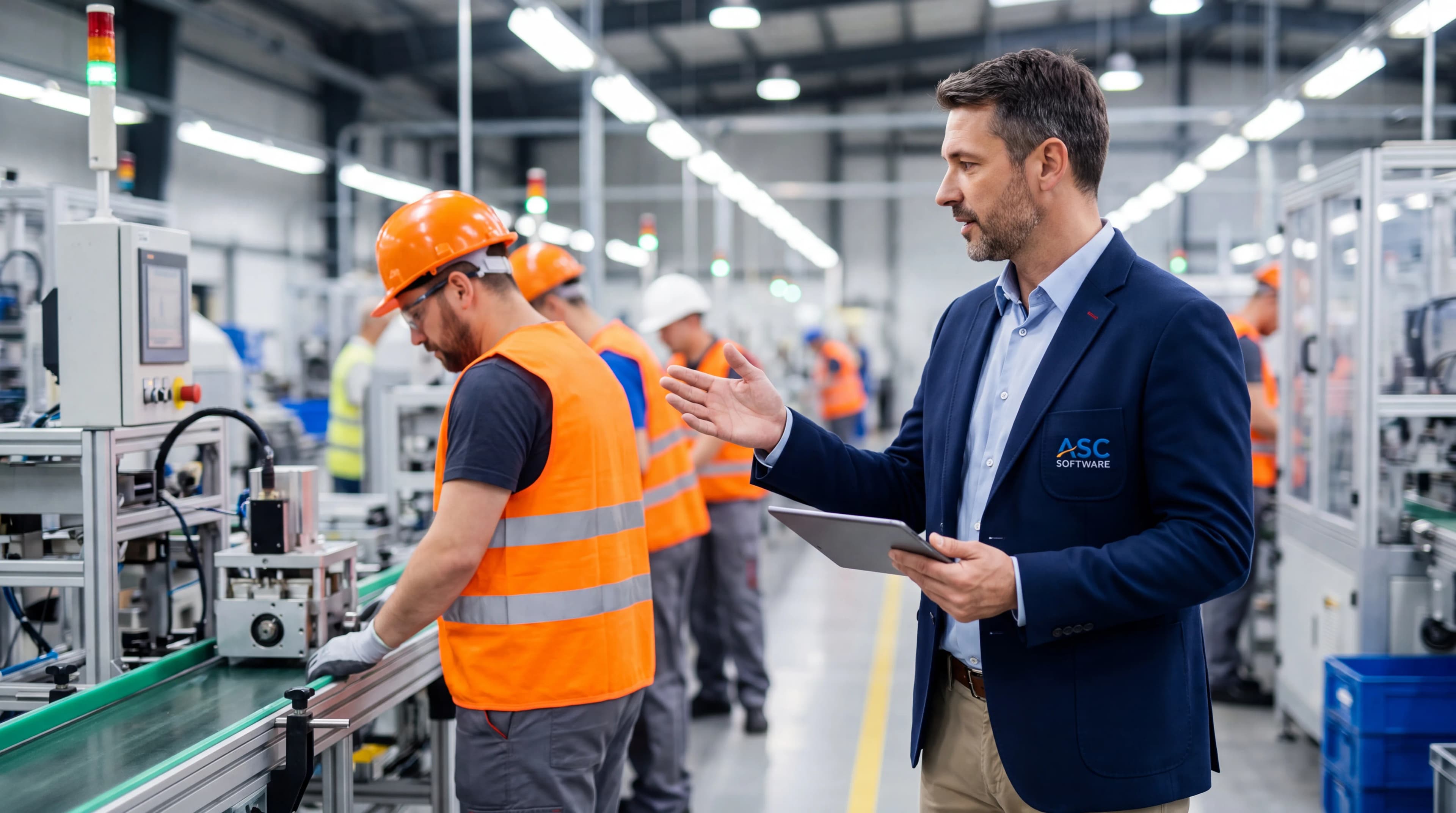 shop floor manager talking with two workers