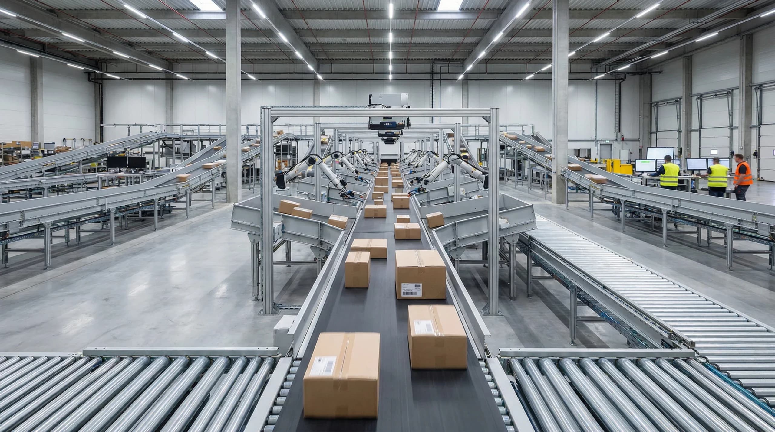 Modern warehouse conveyor system with rollers and automated package sorting