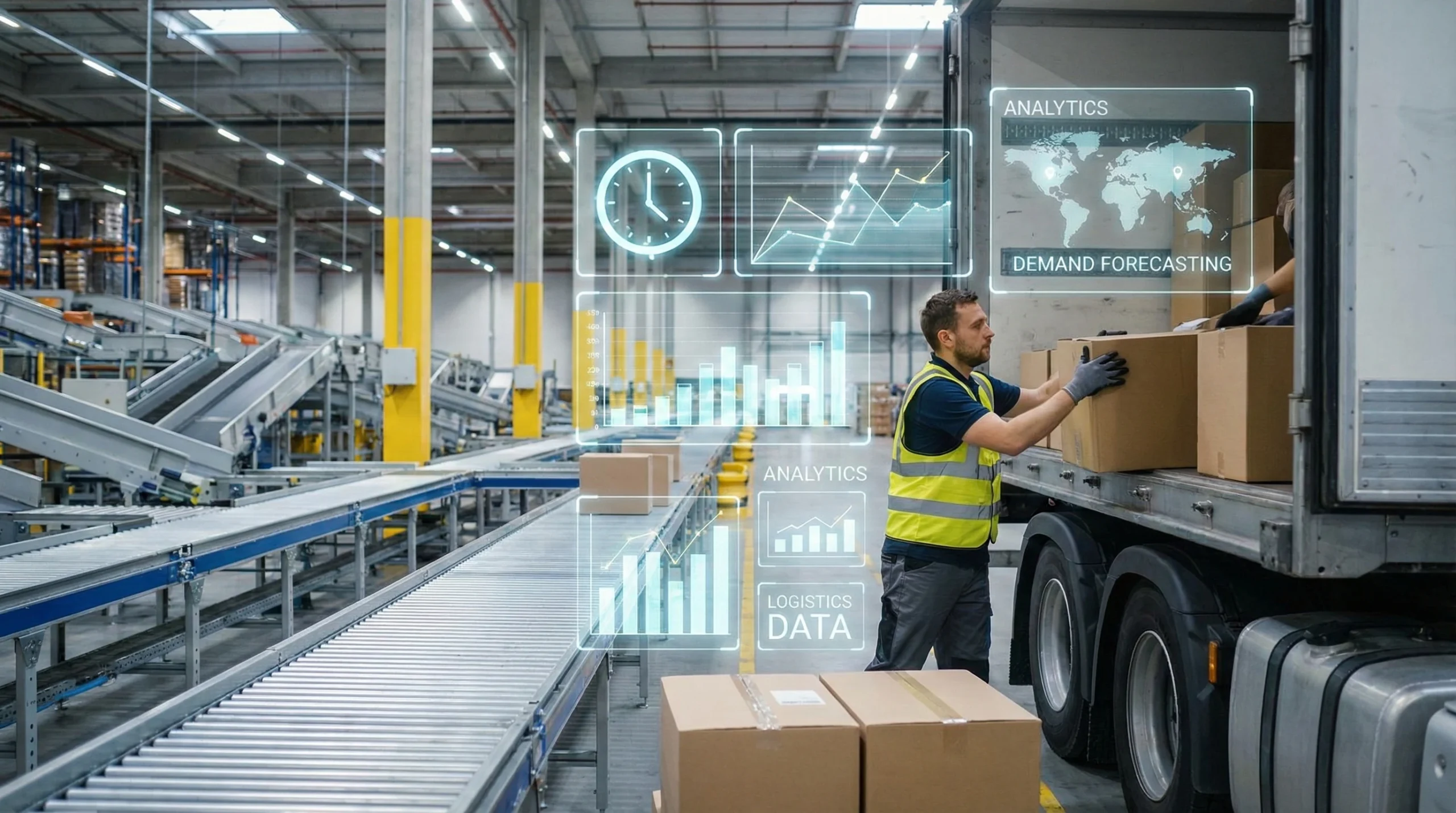 Warehouse worker packing truck with demand forecasting analytics visualization