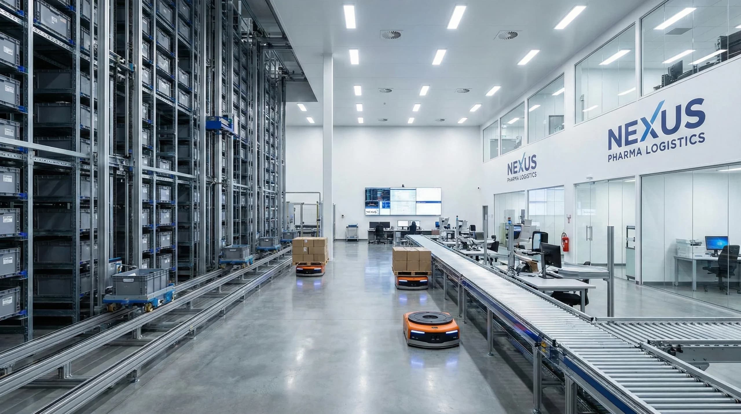 Modern pharmaceutical warehouse with automated storage systems and distribution equipment