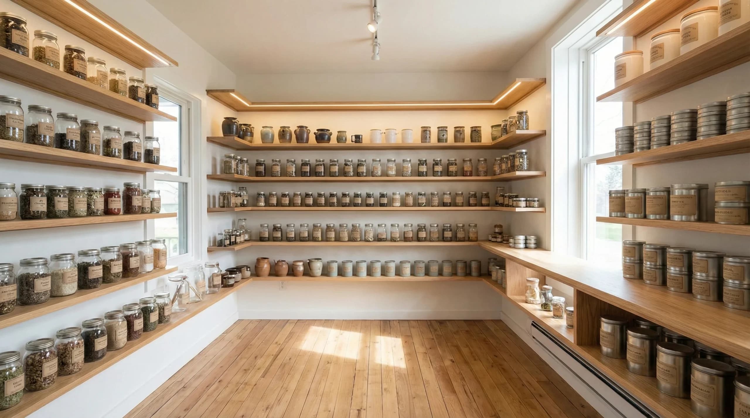 a room with shelves of containers