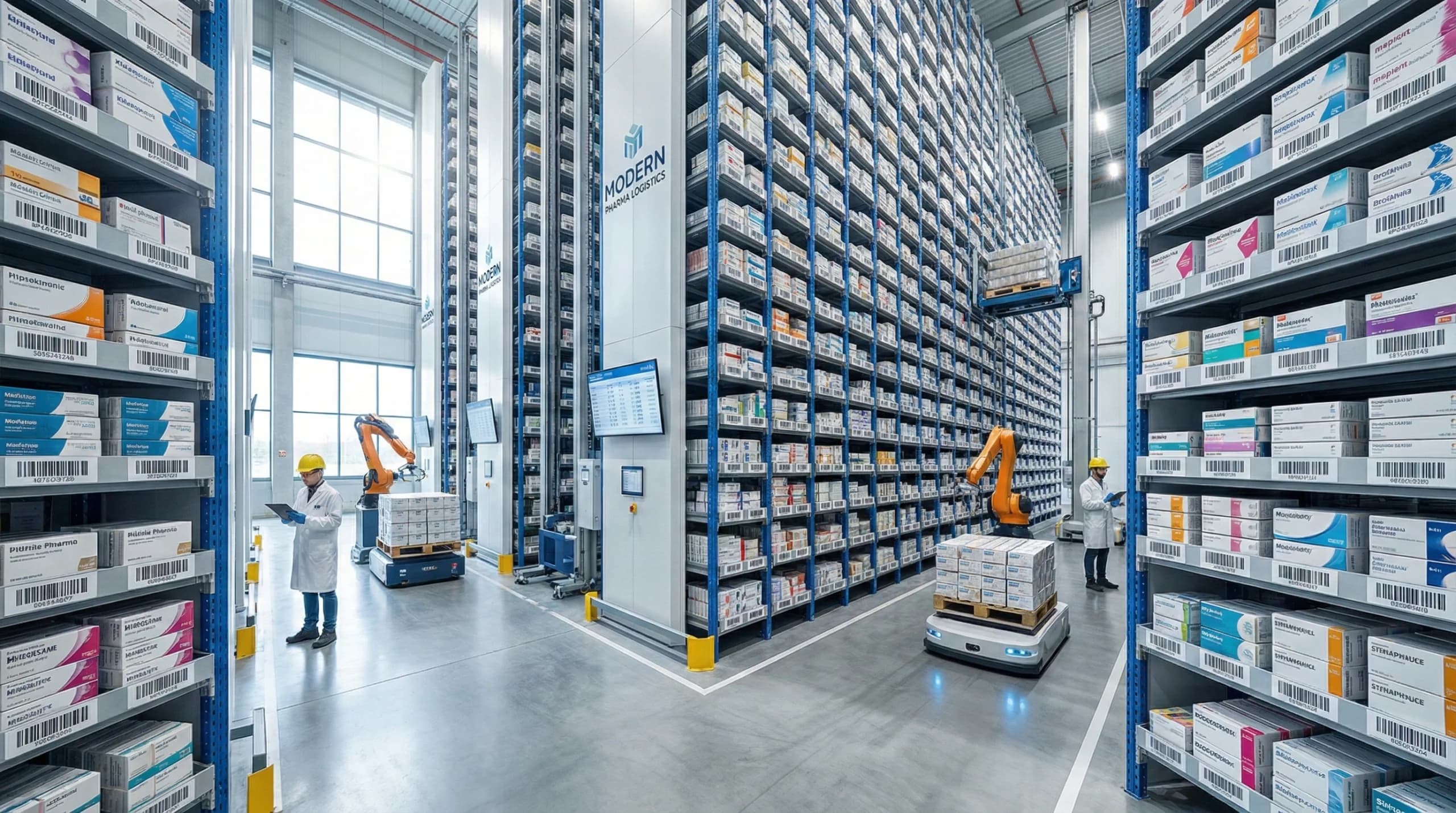 A modern pharmaceutical warehouse with organized shelves filled with medicine boxes