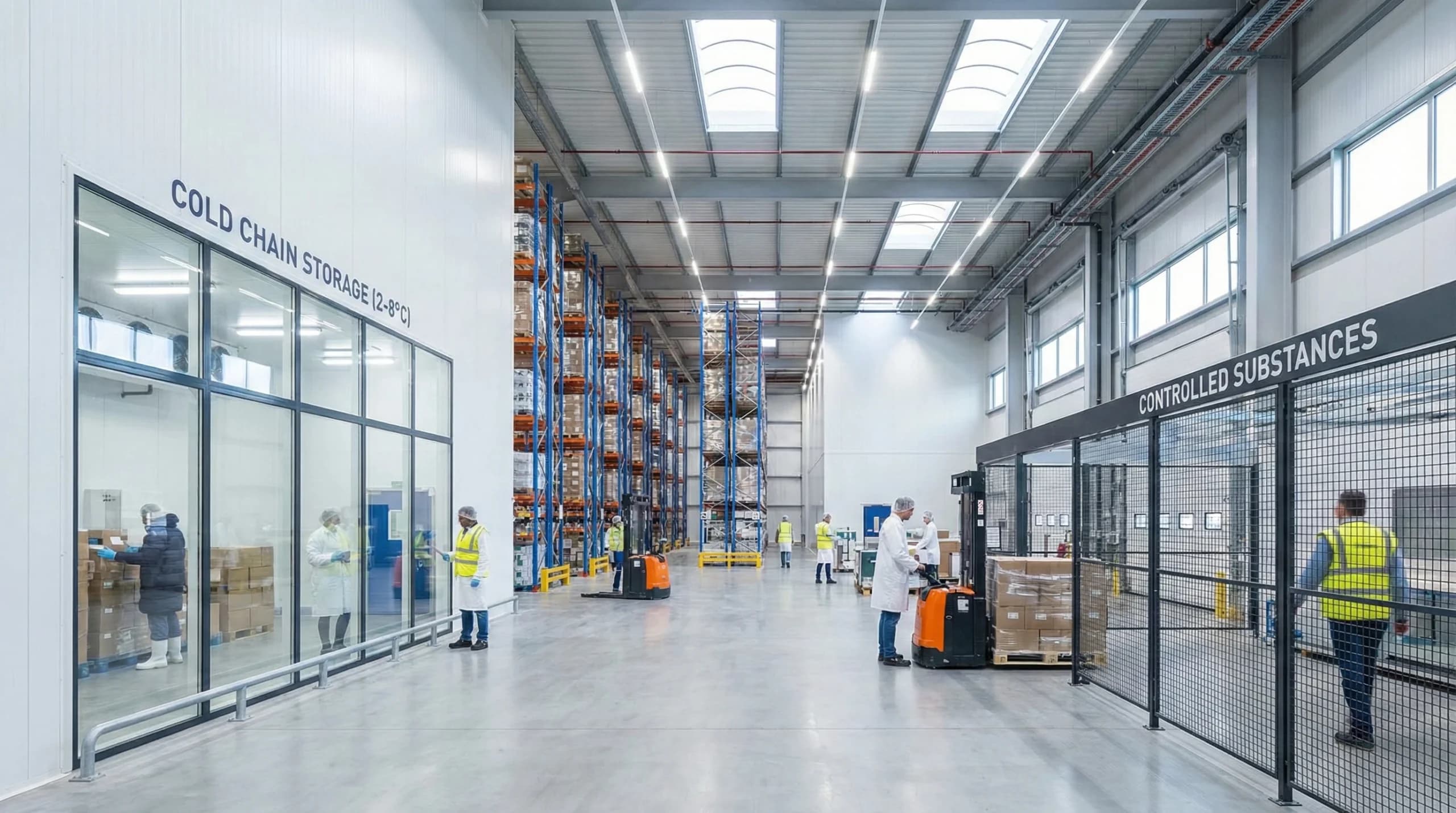 A pharmaceutical warehouse with visible sections for storage