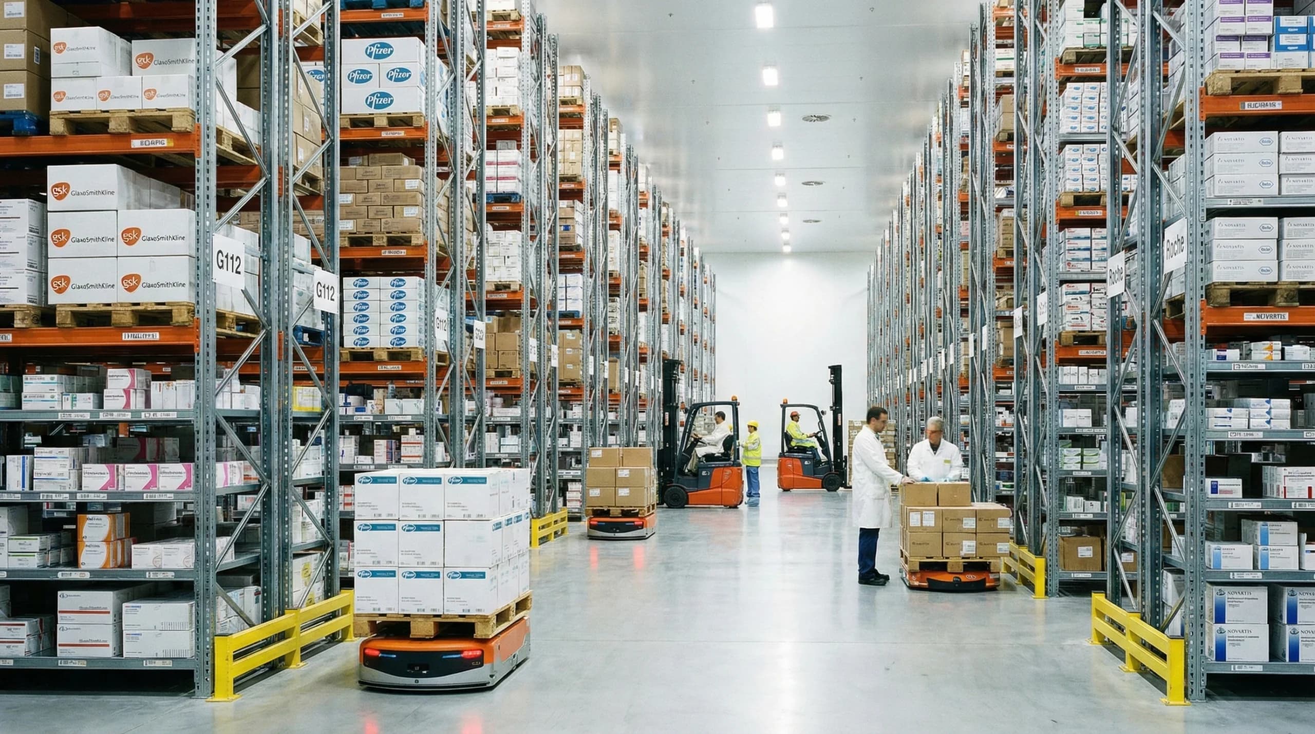 A pharmaceutical warehouse with shelves stocked with medicine boxes