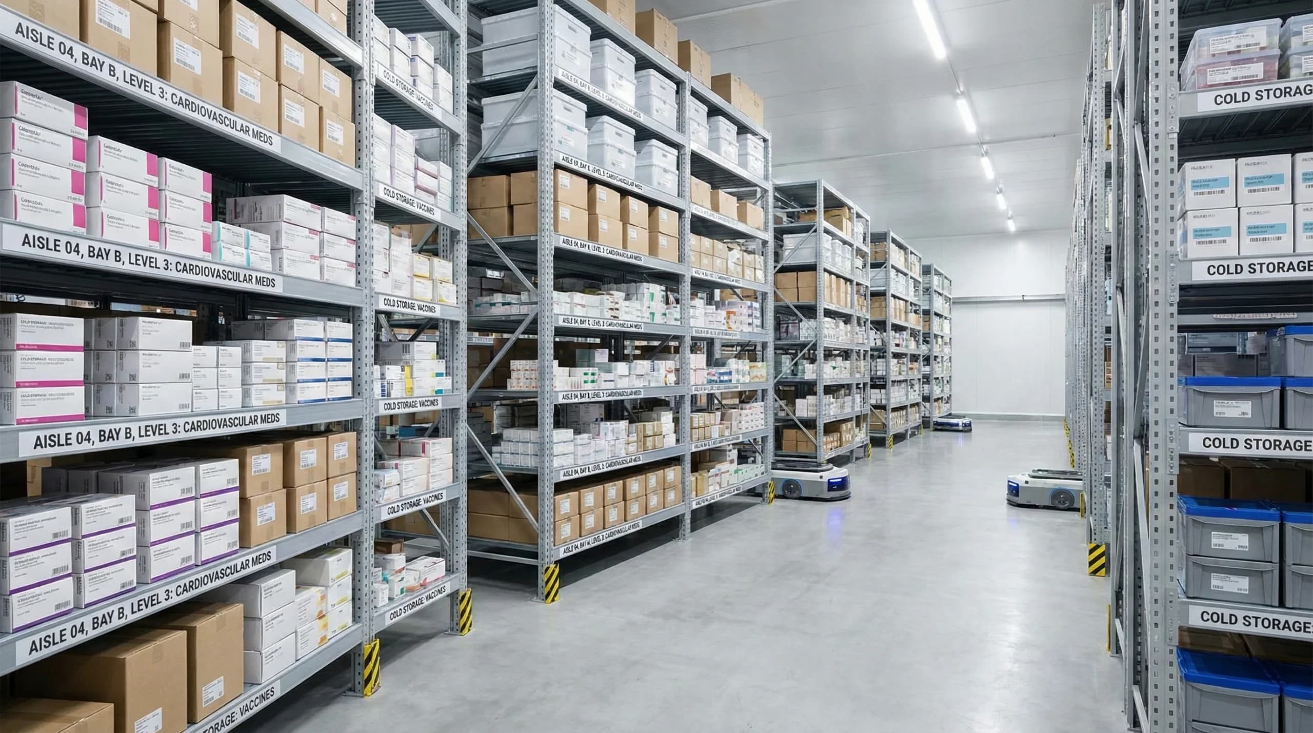 A clean and organized warehouse with clearly labeled shelves filled with pharmaceutical products