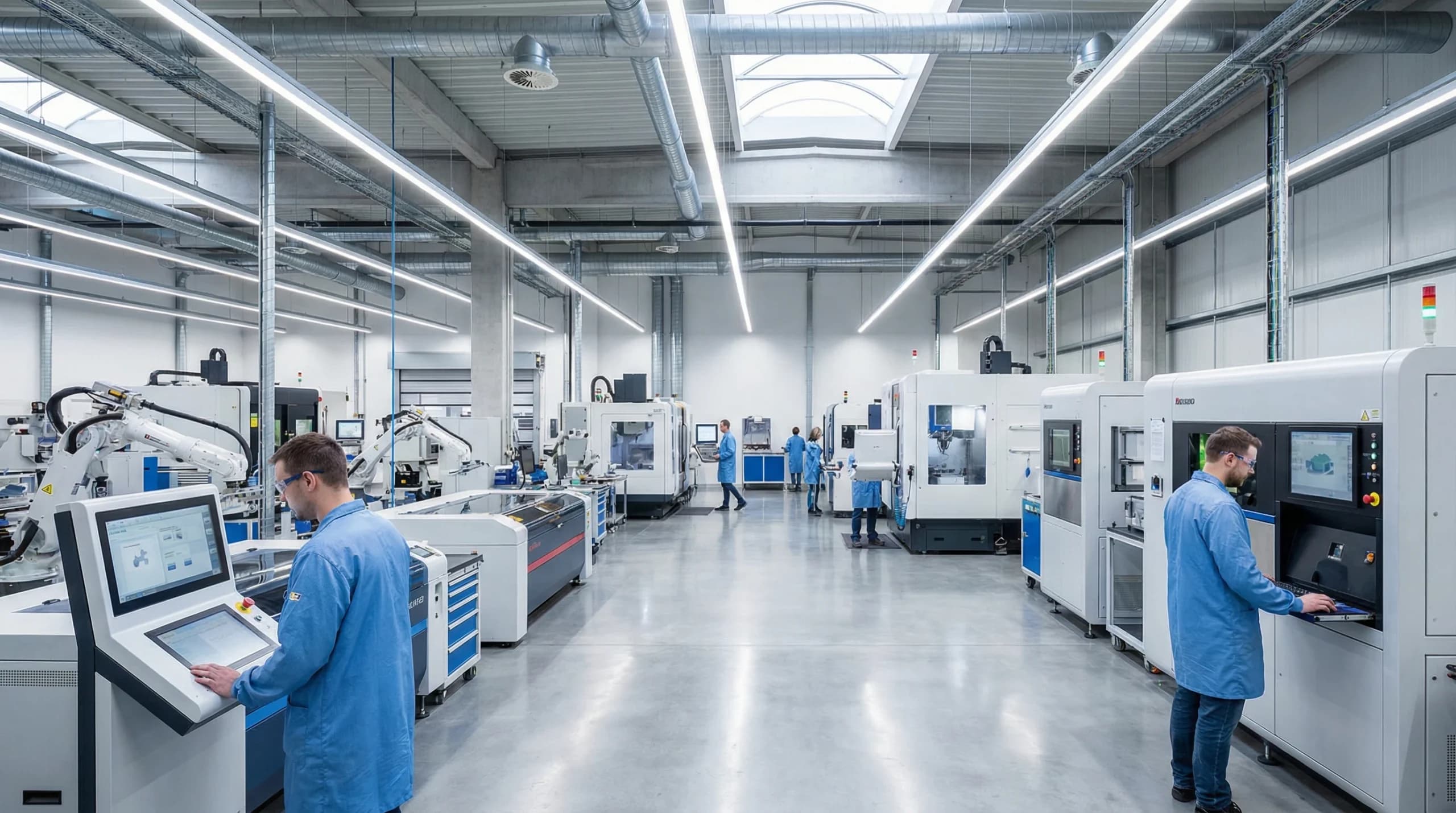 A factory shop floor with various high-tech machinery and tools