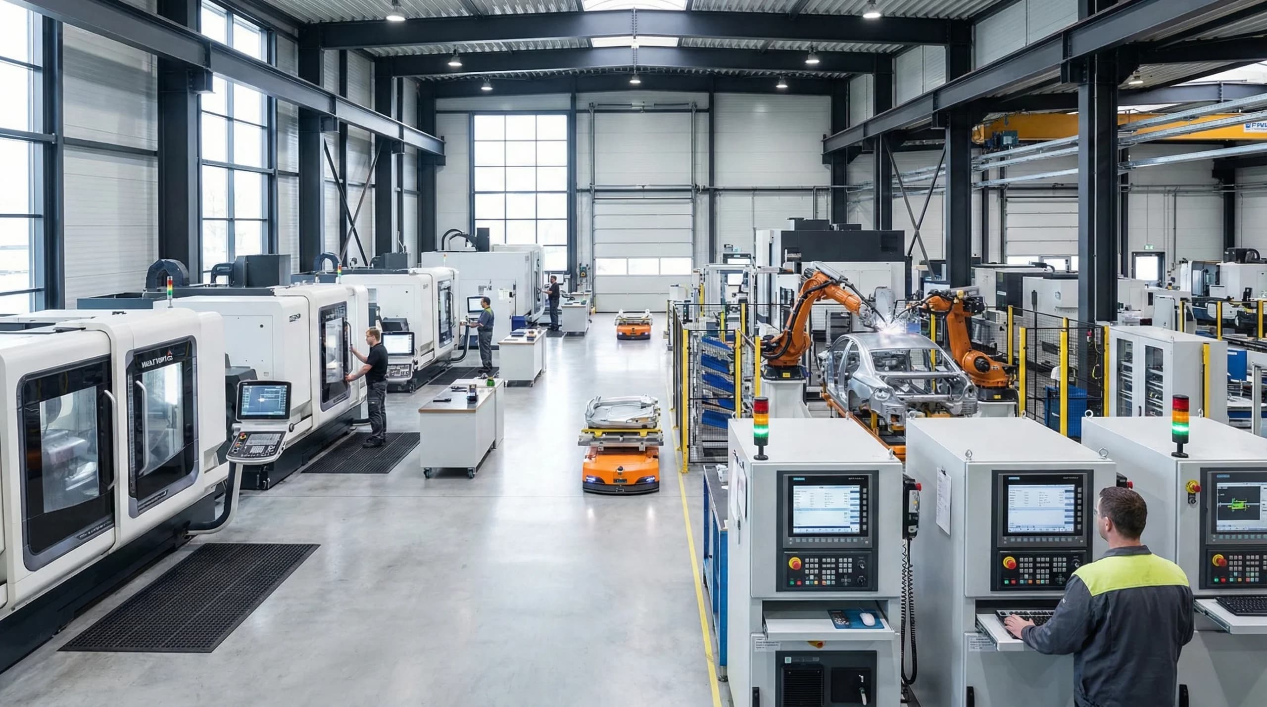 A modern industrial shop floor with various machinery and control panels
