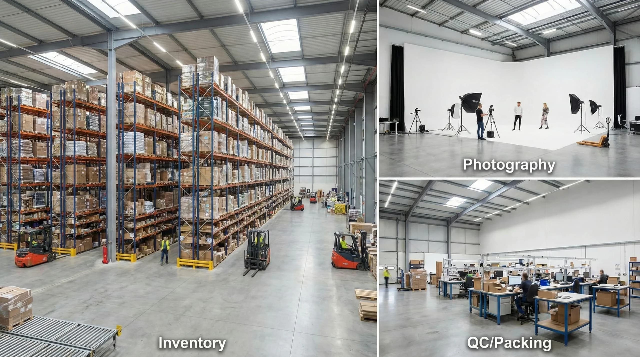 A warehouse with various sections like inventory