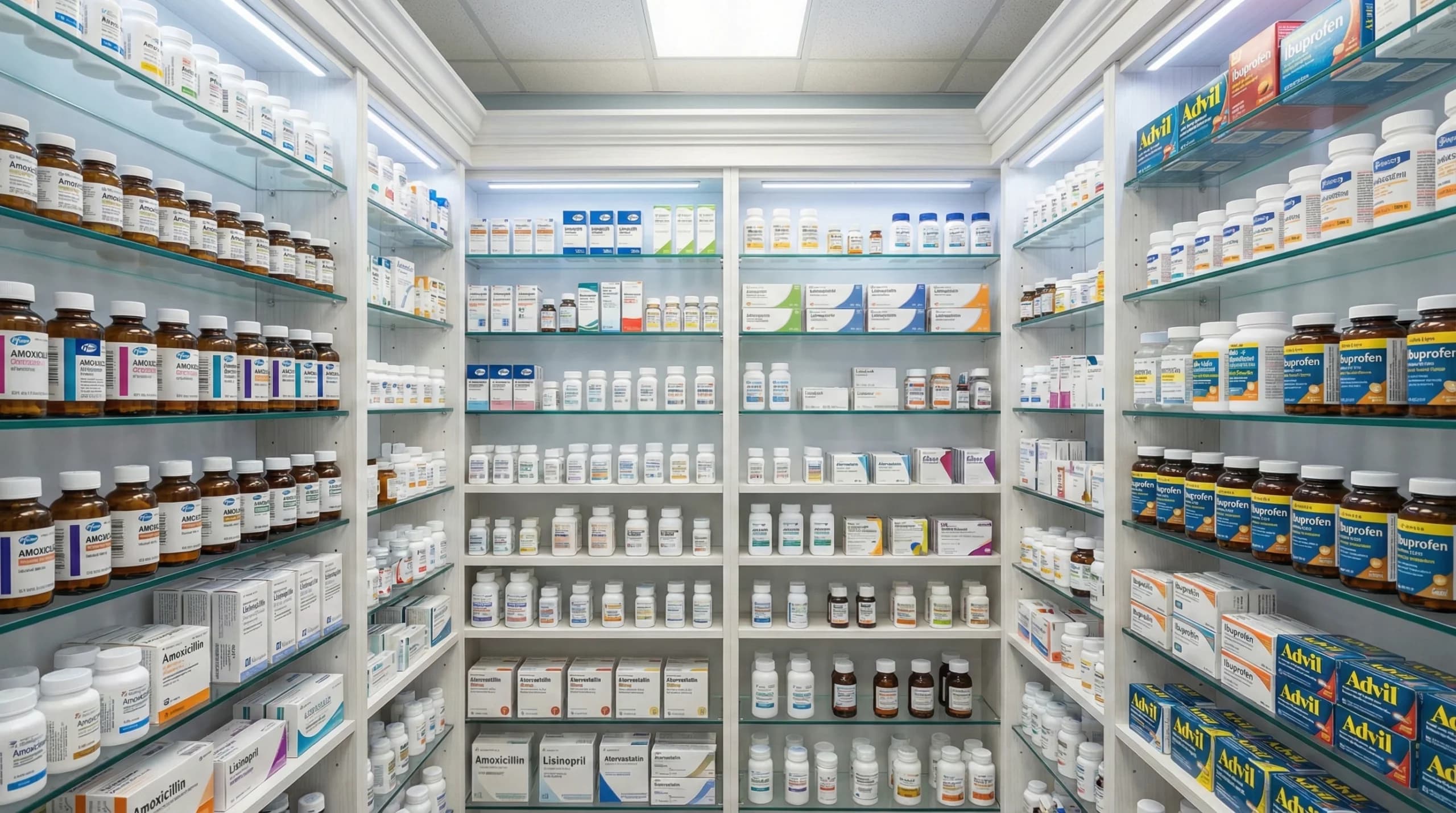 A well-organized pharmacy shelf displaying a variety of medicine bottles and boxes