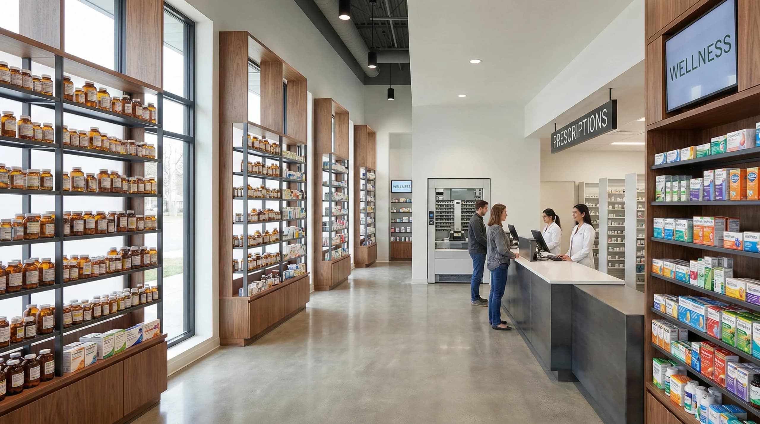A modern pharmacy with shelves neatly stocked with medication bottles