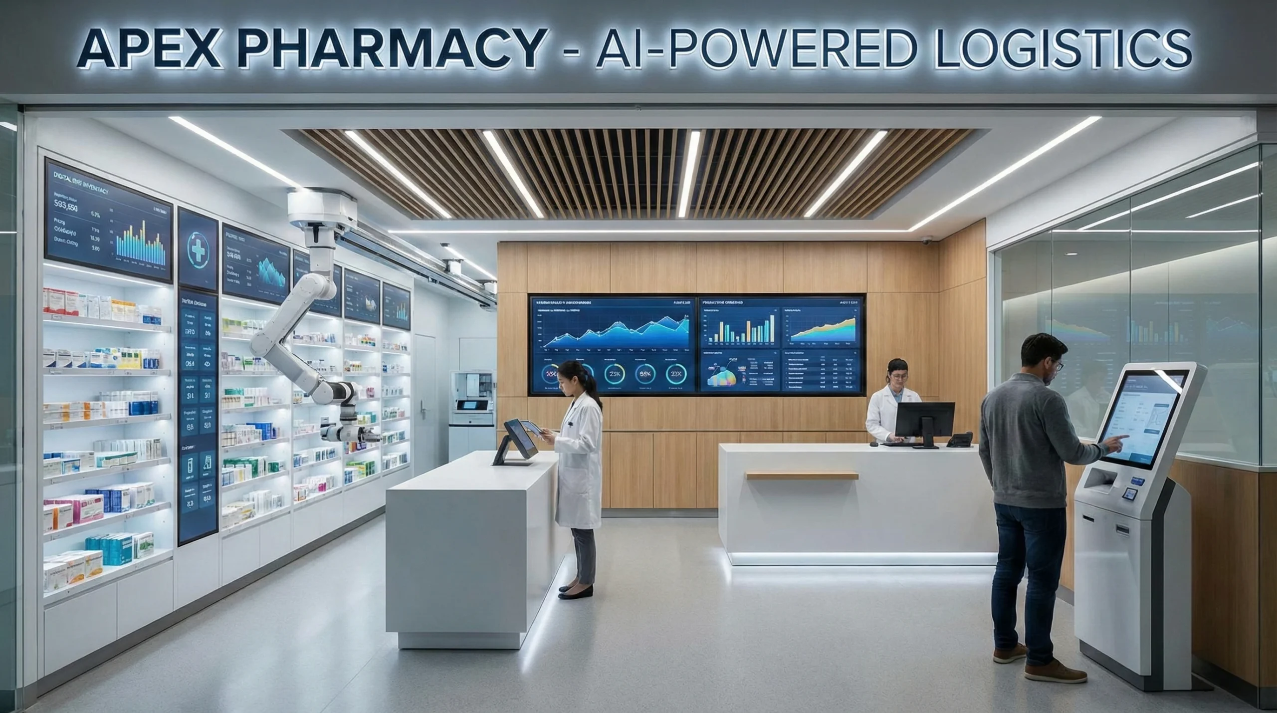 A modern pharmacy with shelves organized by advanced software