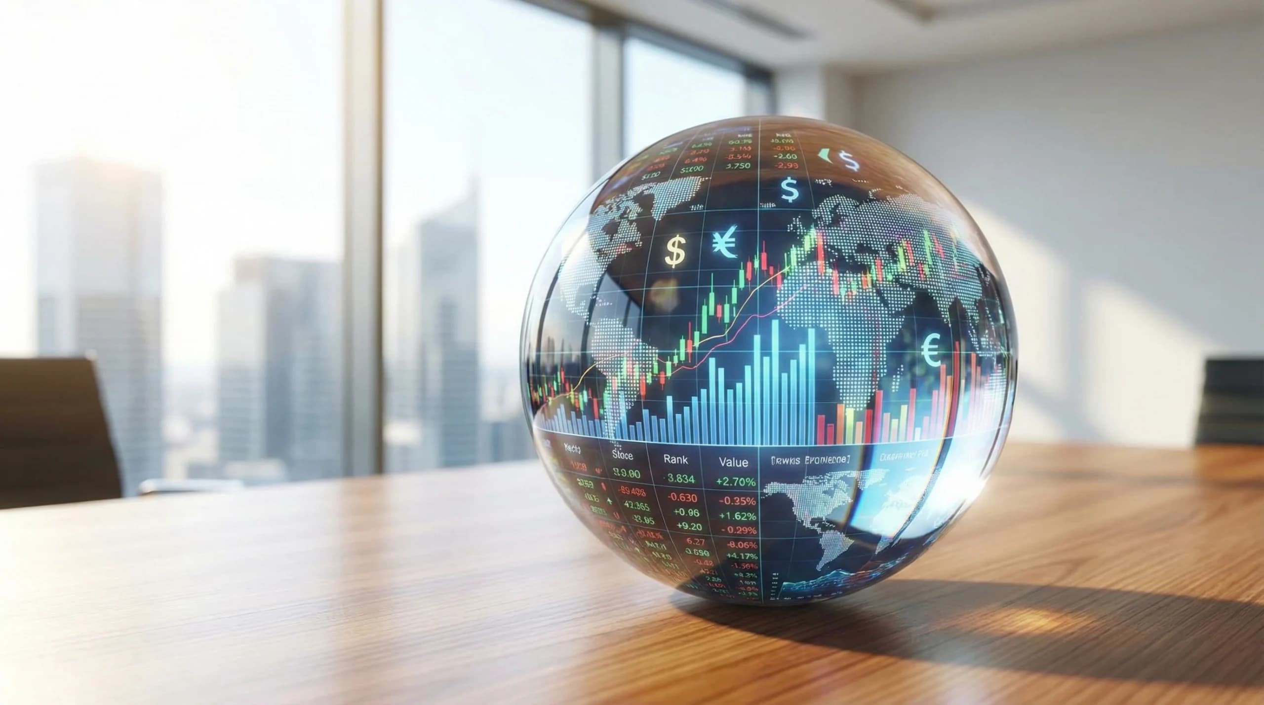 A crystal ball reflecting various economic indicators like graphs