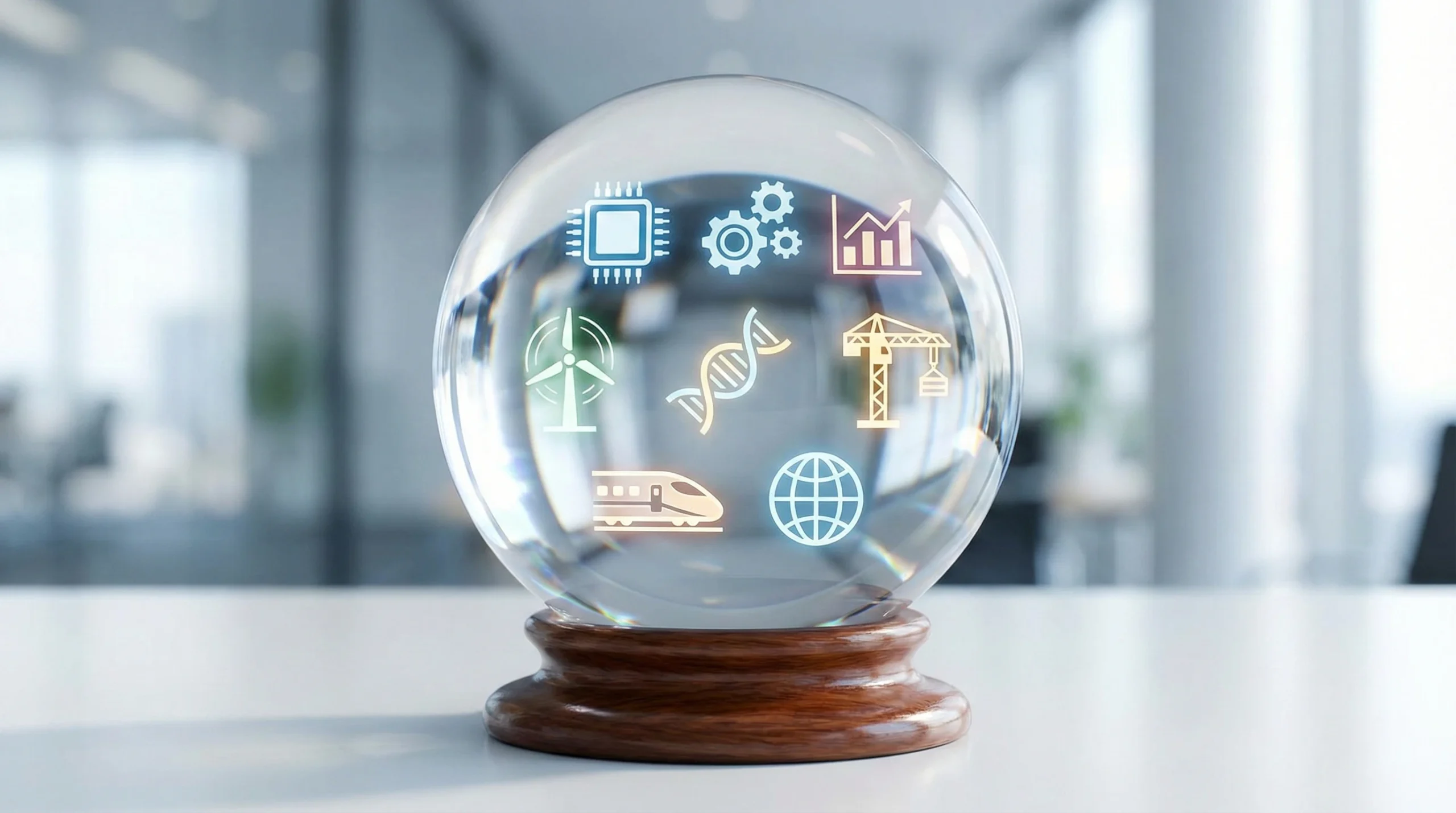 A crystal ball with various industry icons inside