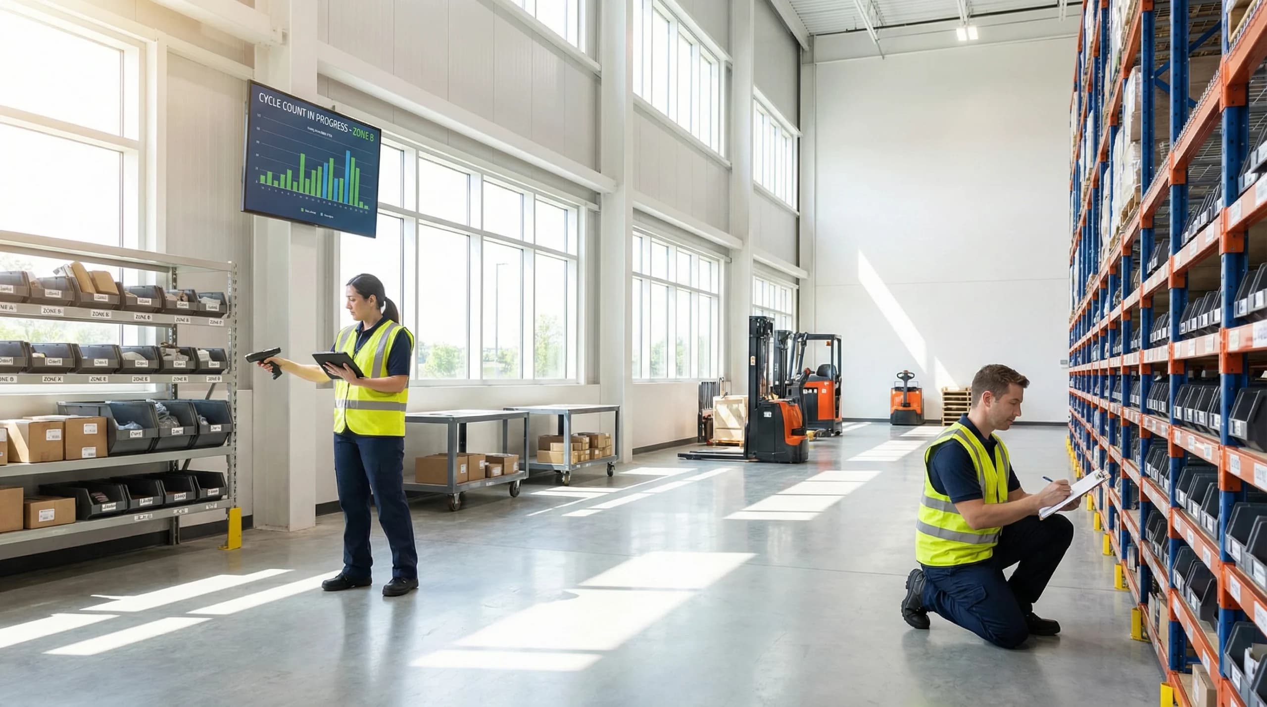 Warehouse workers performing cycle counting inventory with handheld scanners and digital tracking display