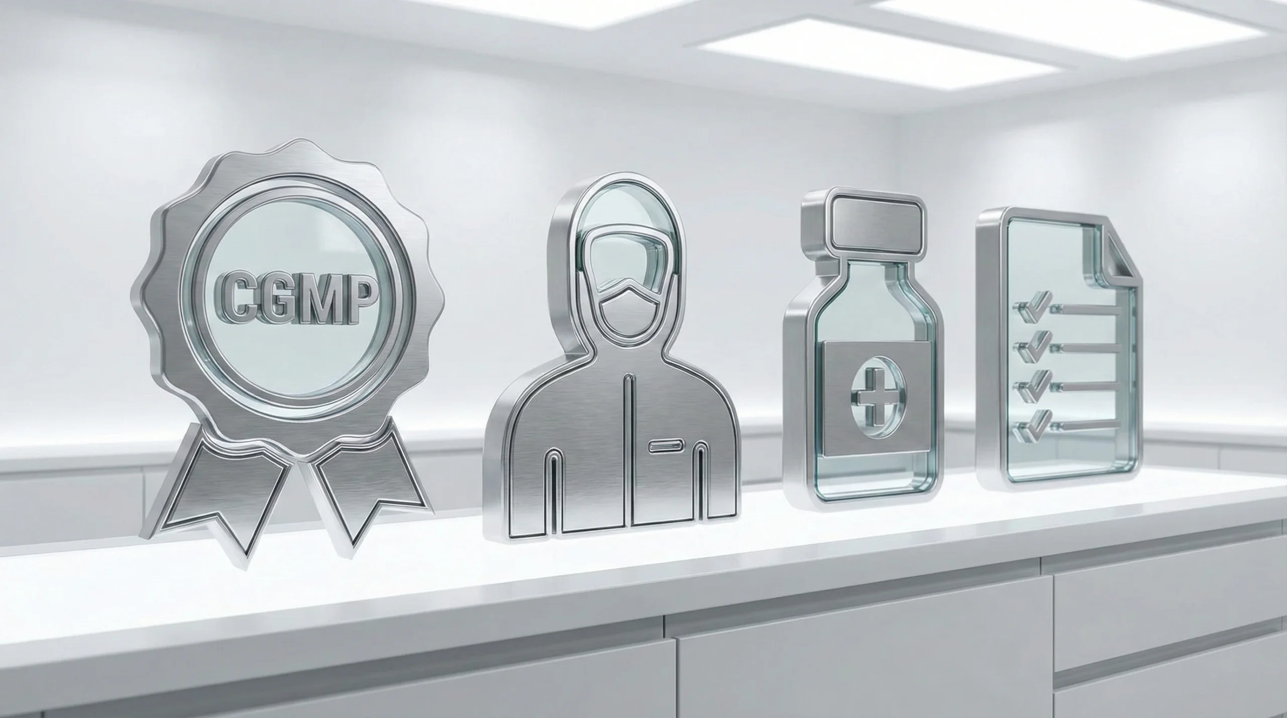 CGMP certification badge icon with manufacturing worker, medicine bottle, and compliance checklist symbols