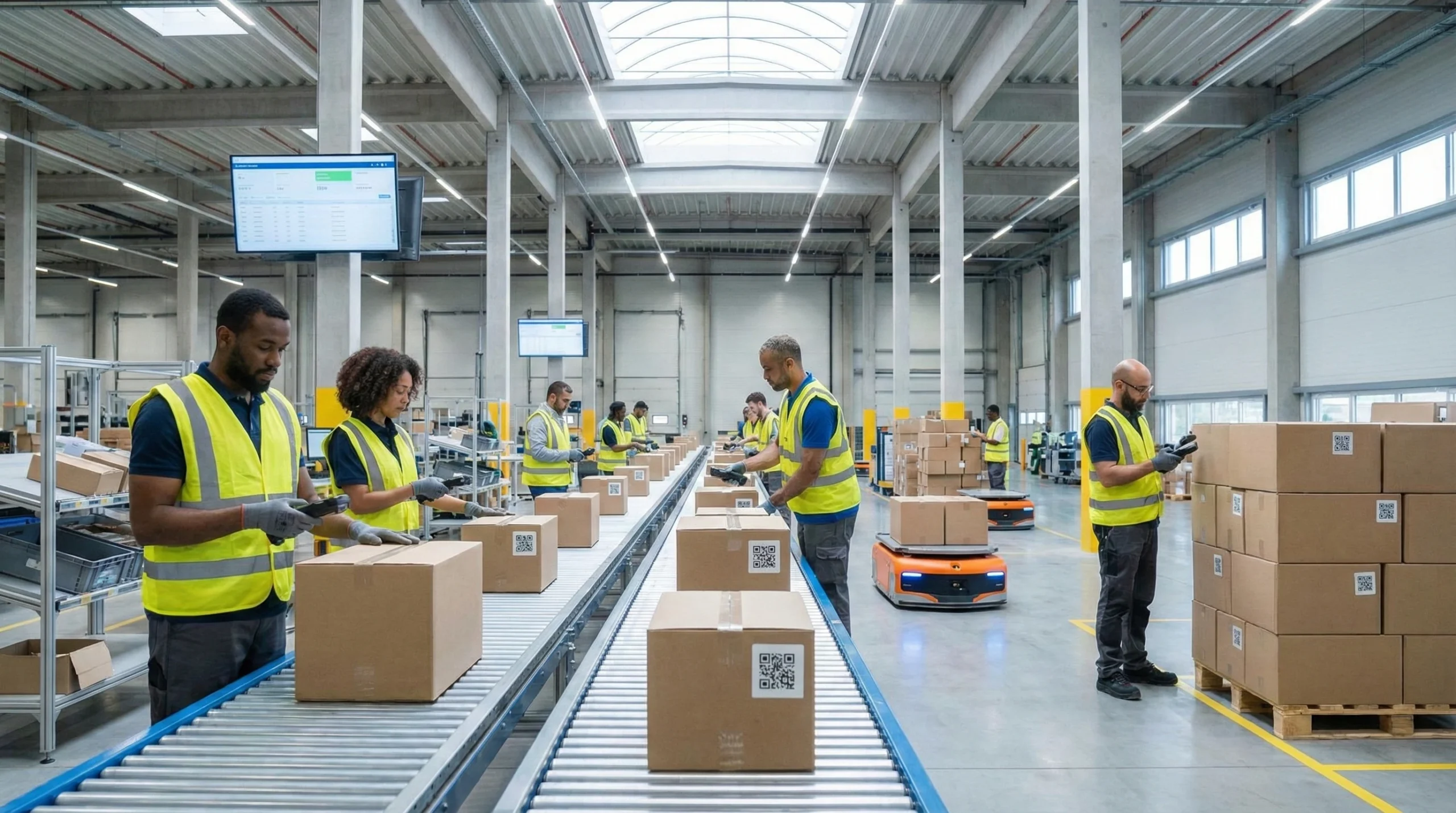 Workers scanning barcodes and QR codes on boxes in a well-lit, modern warehouse.