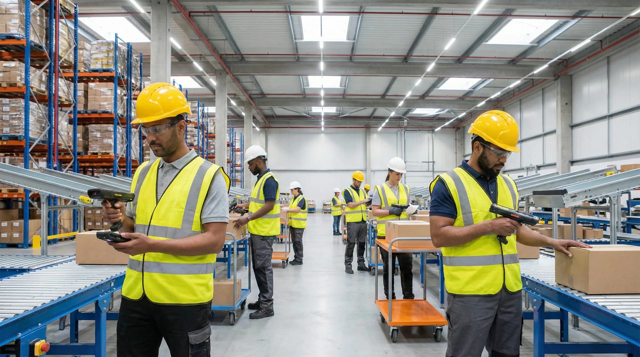 Workers in safety vests use handheld devices for case picking in a well-lit warehouse.