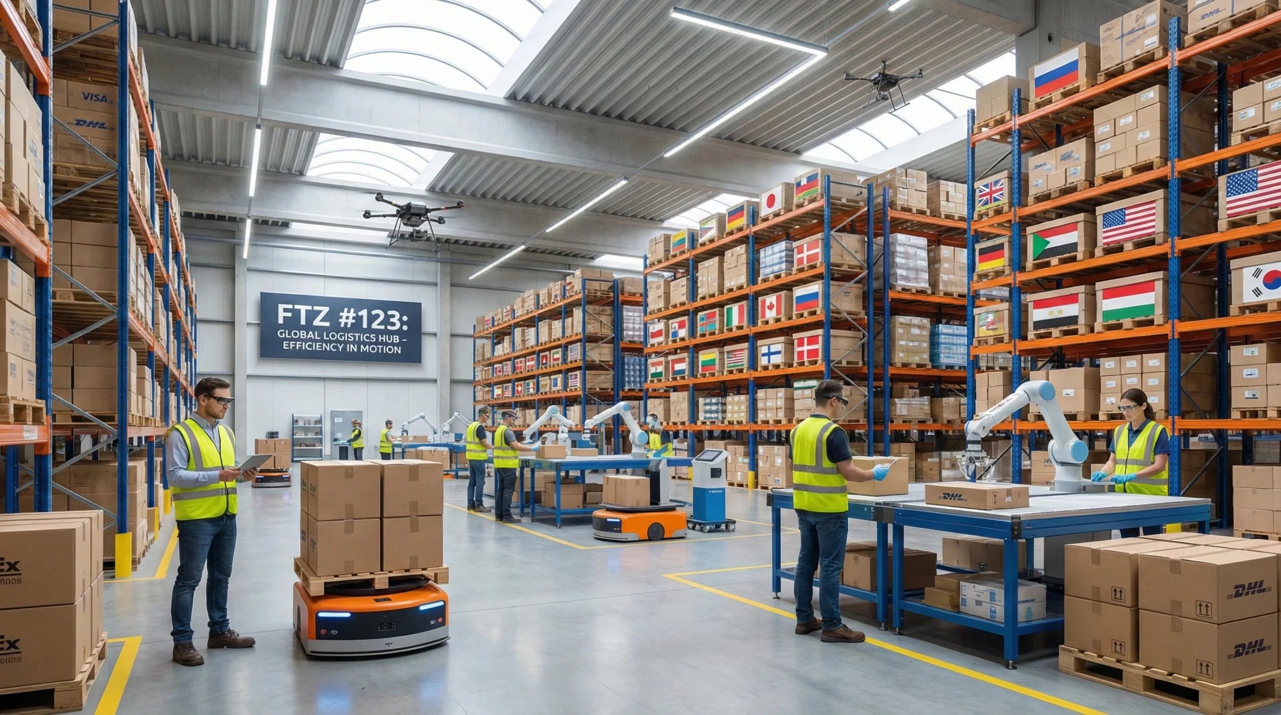 Foreign Trade Zone warehouse bustling with workers and robots, showcasing global logistics efficiency.