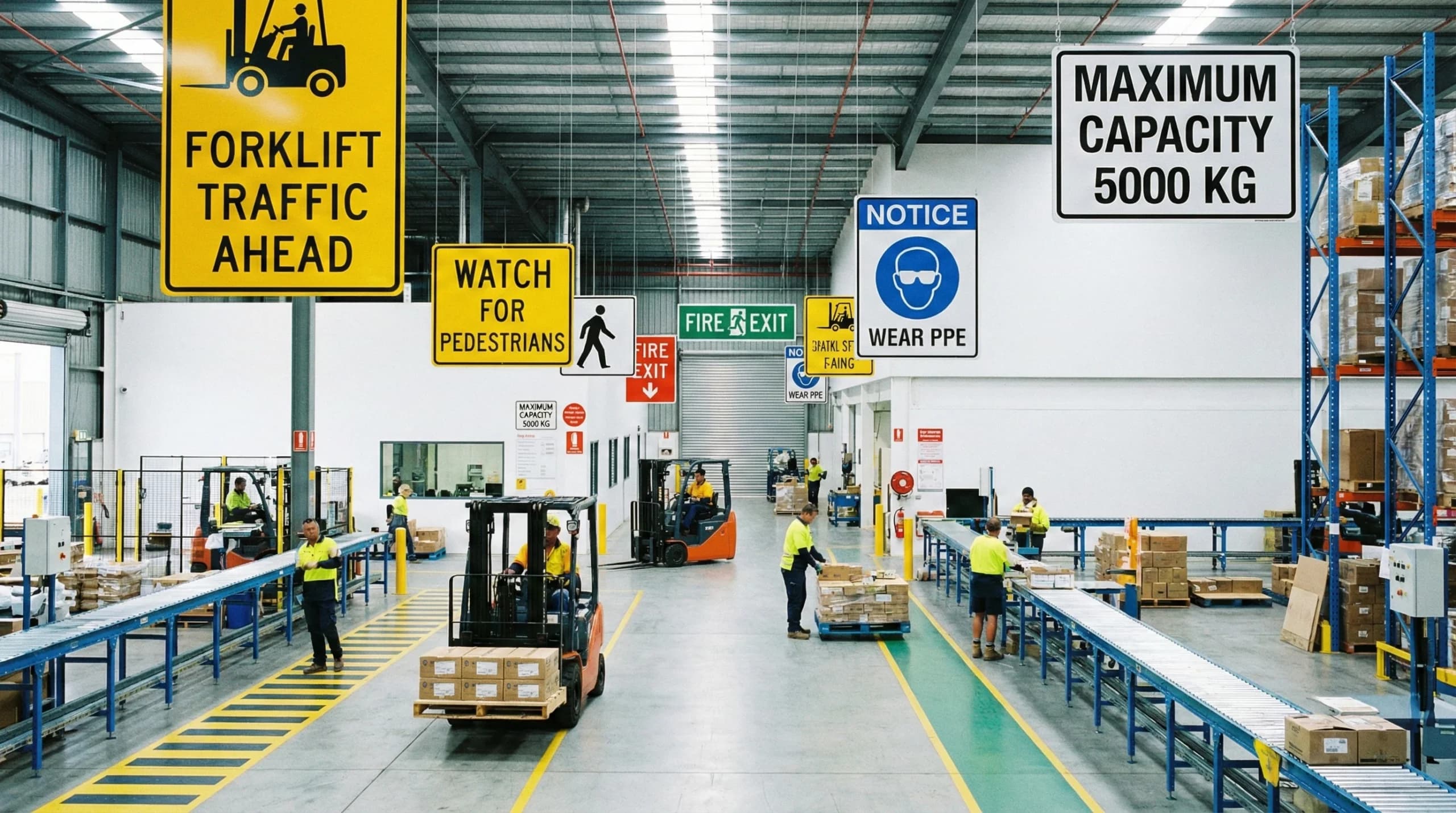 warehouse safety signs in busy warehouse