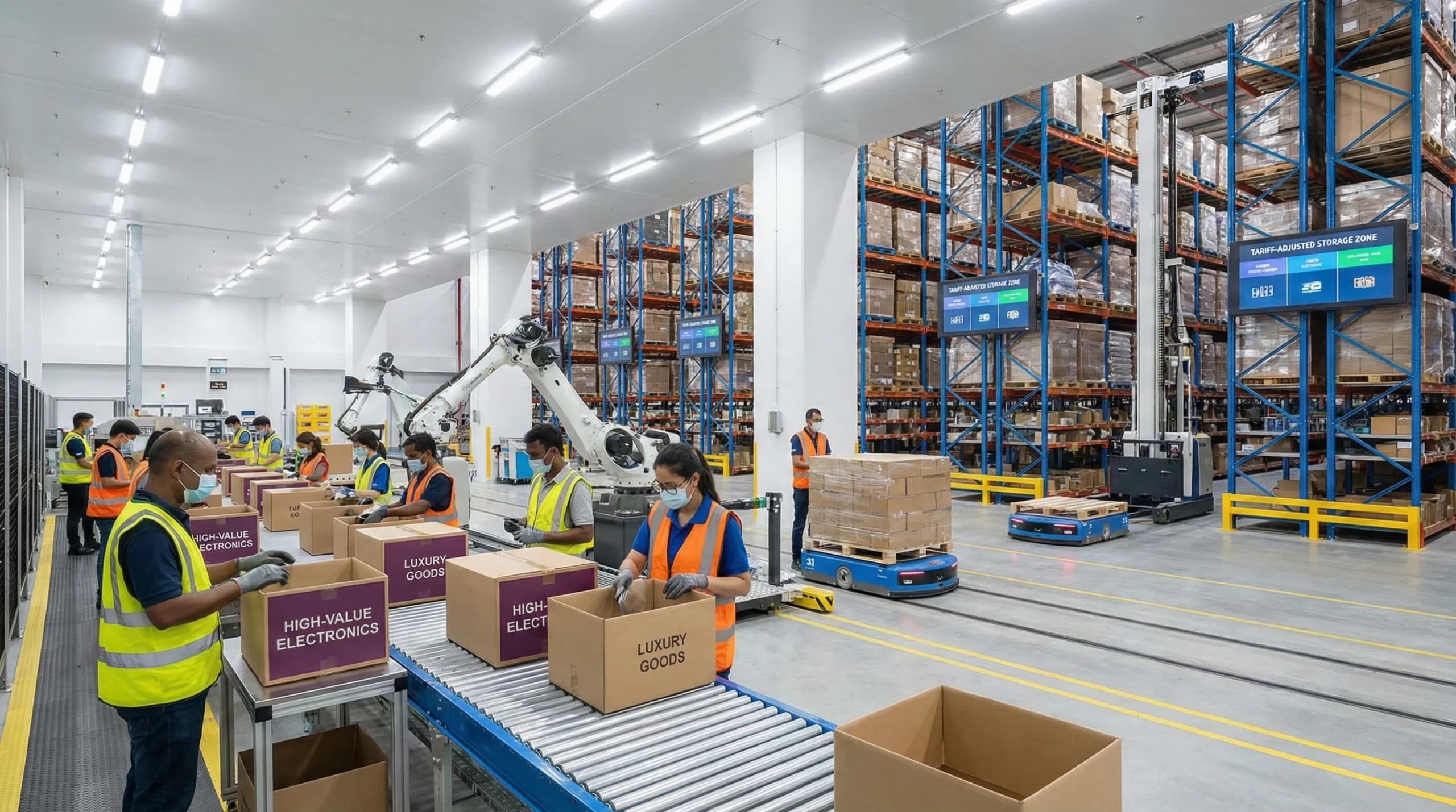 International warehouse workers sort high-value imports, with automation adjusting storage for tariff-impacted goods.