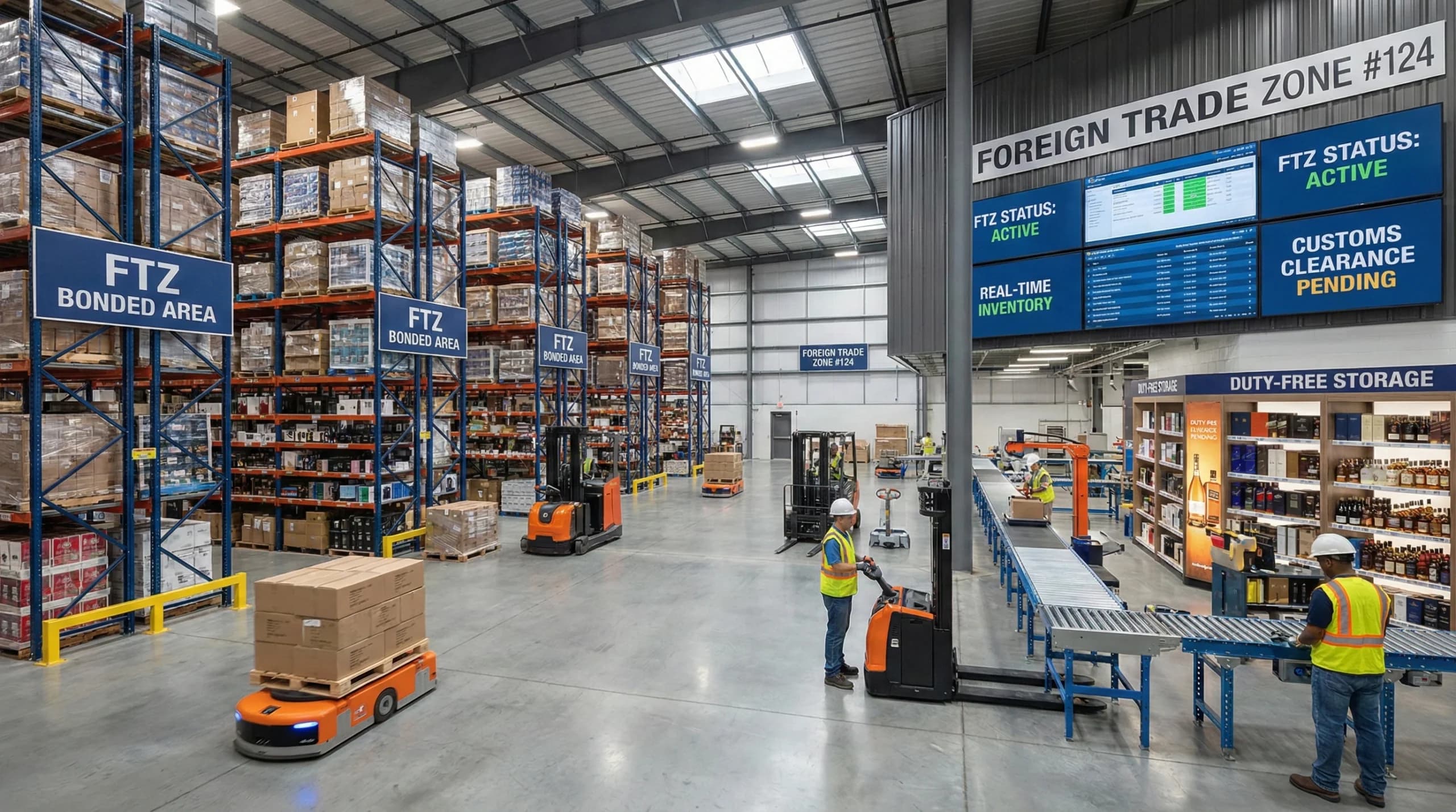 Inside view of a warehouse with duty-free storage and modern logistics under FTZ status.