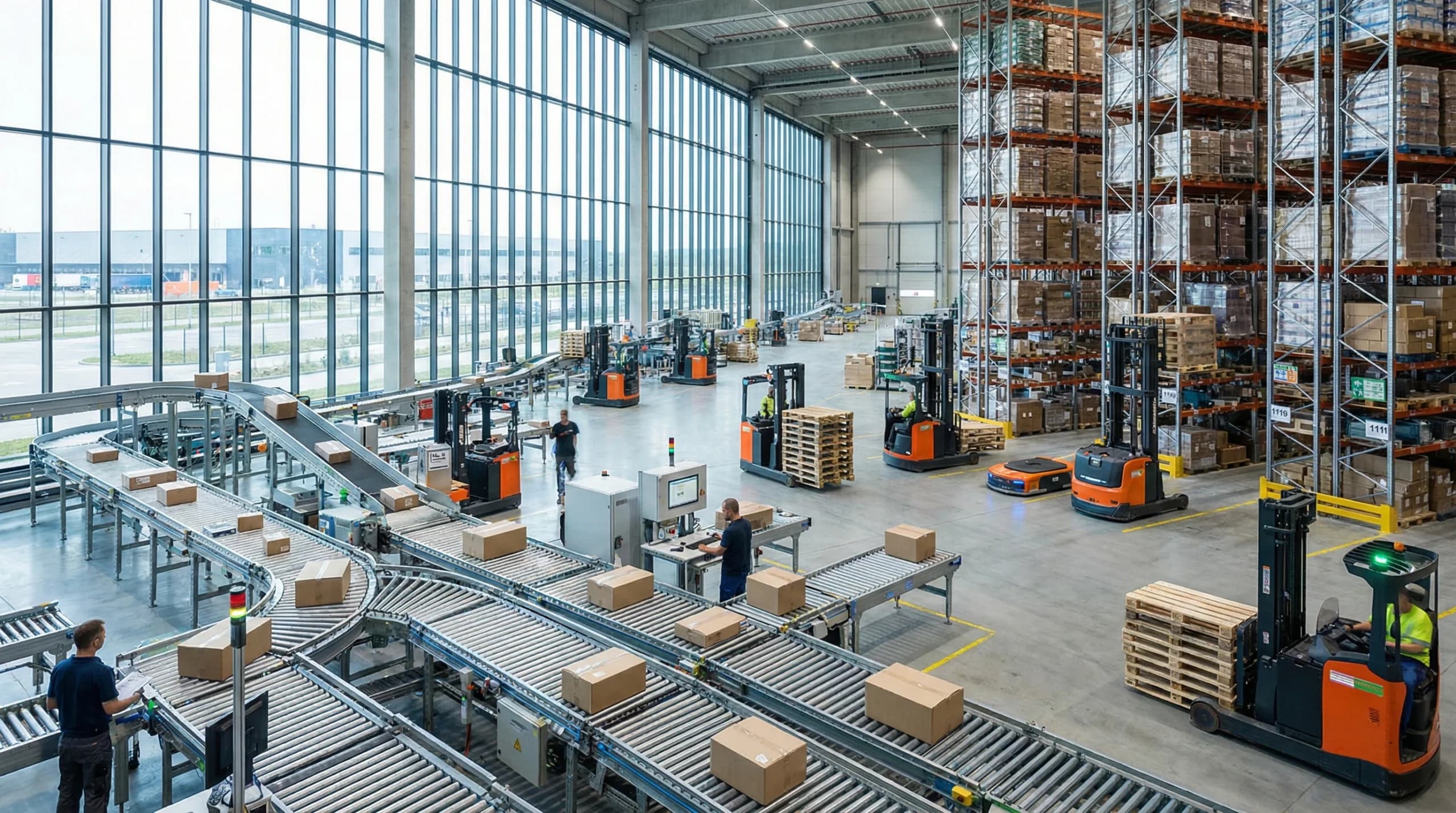 Automated conveyor belts and robotic forklifts in a modern distribution warehouse.