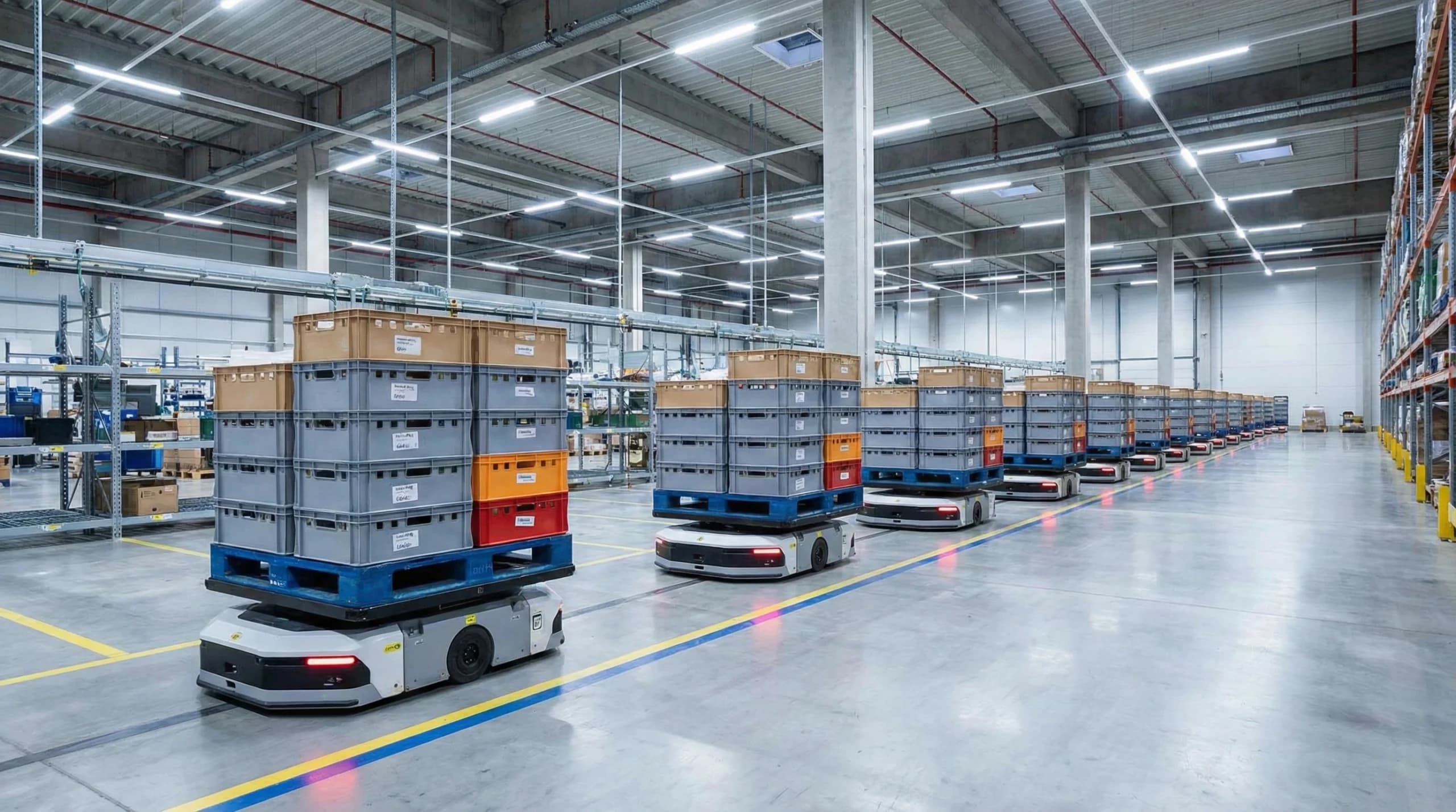 Automated guided vehicles transport sealed containers in a modern, organized food grade warehouse.
